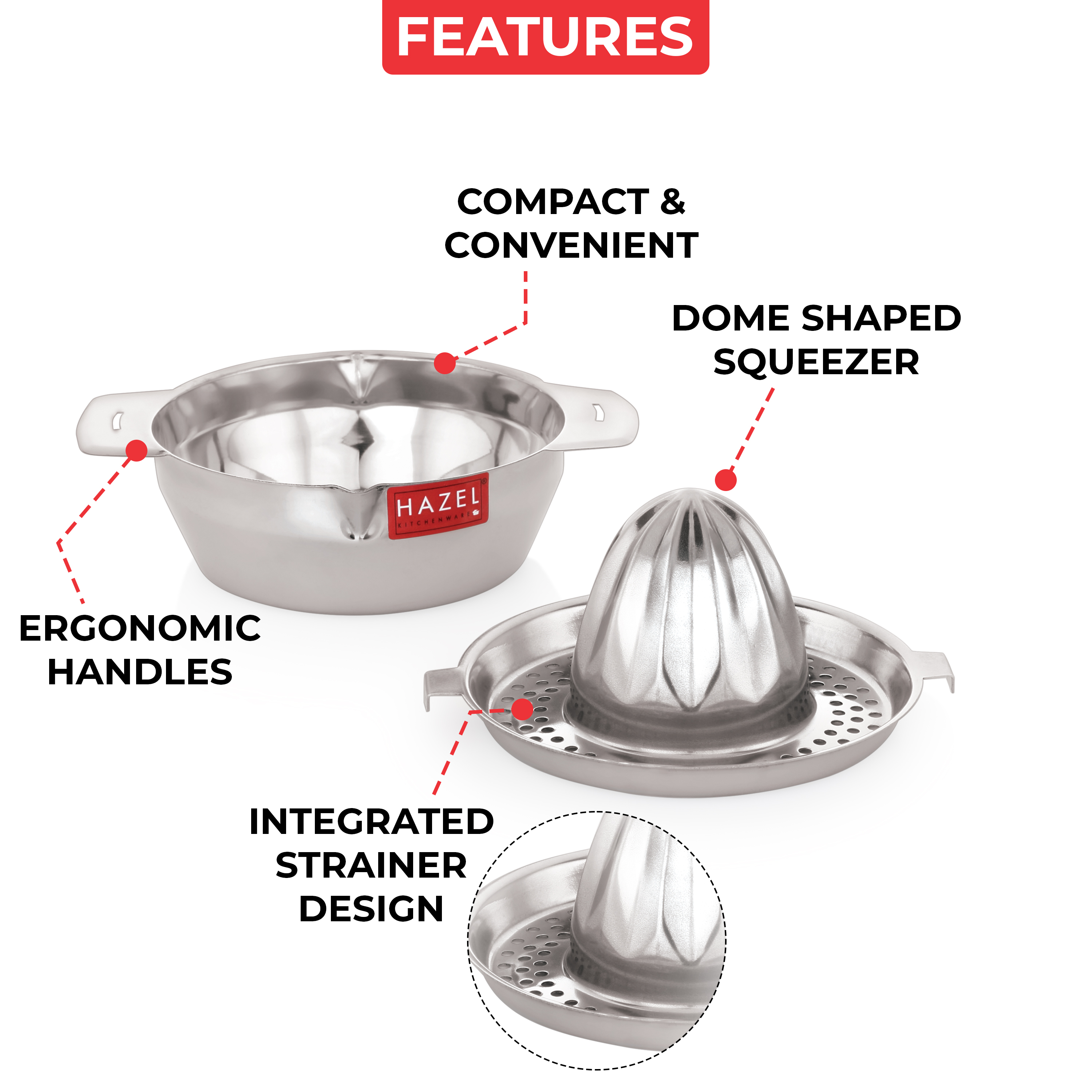 HAZEL Stainless Steel Hand Press Juicer - Manual Citrus Juicer Machine with Jali & Round Bowl