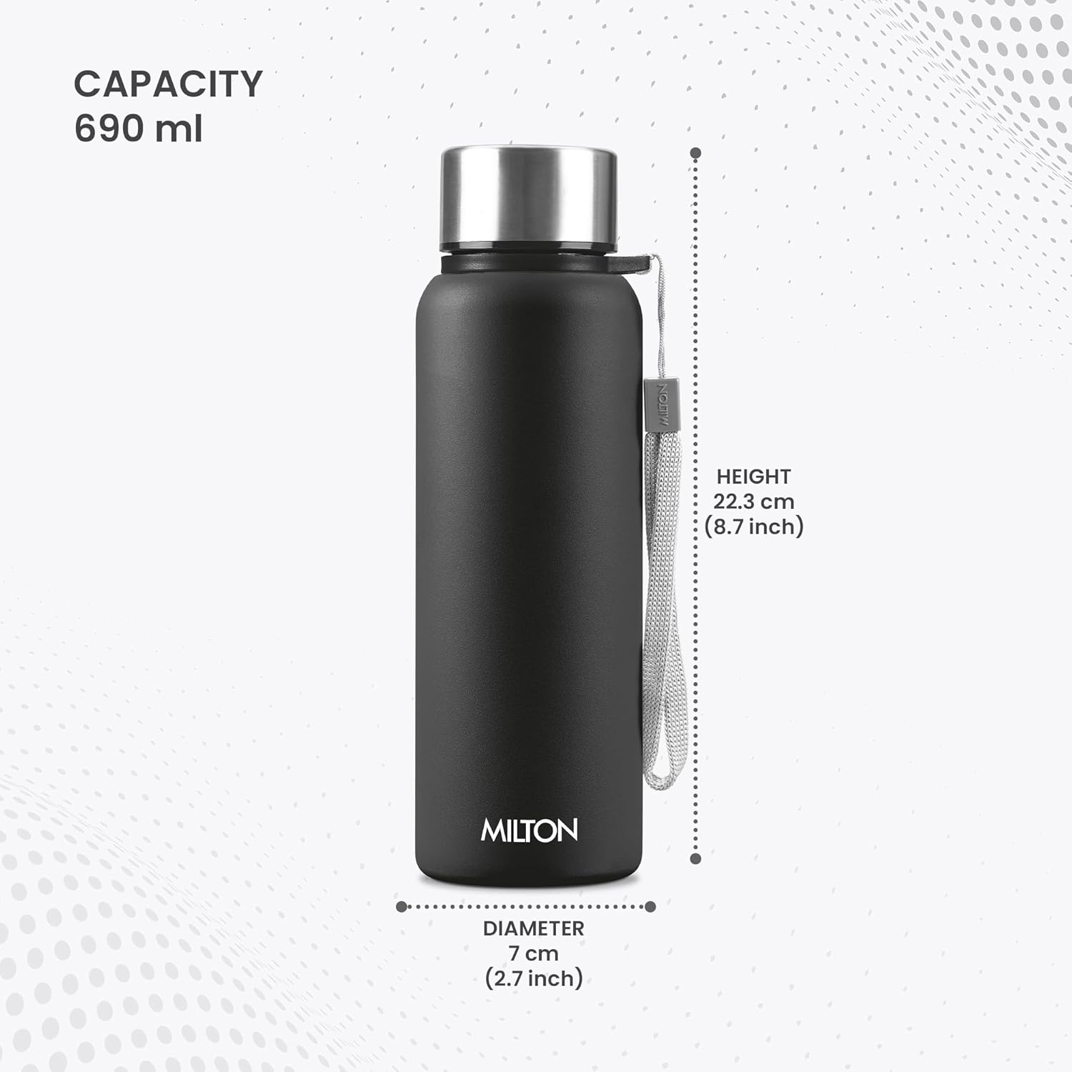 MILTON Brim 750 Stainless Steel Single Walled Leak Proof Easy Grip Water Bottle, 690 ML, Black