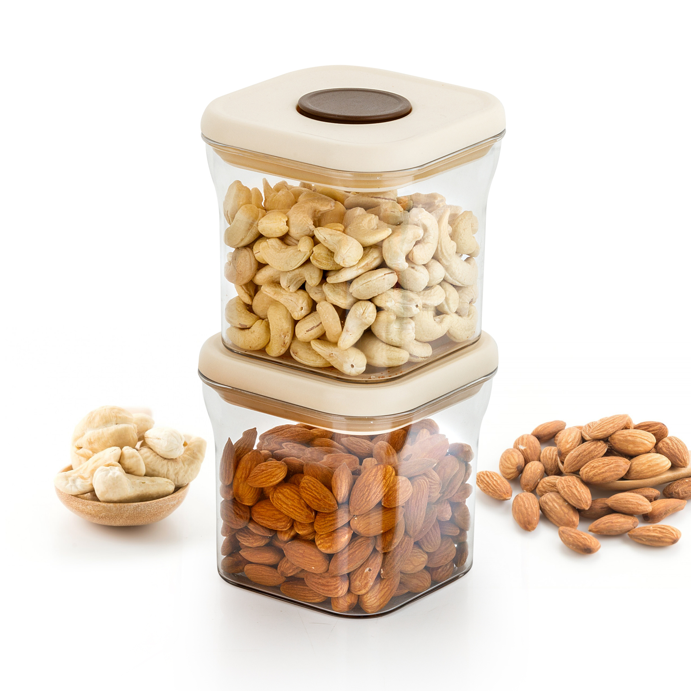 HAZEL Airtight Food Storage Containers with One-Touch Pop-Up Lid | Leakproof, Stackable Jar, 600 ML, Cream, Set of 2