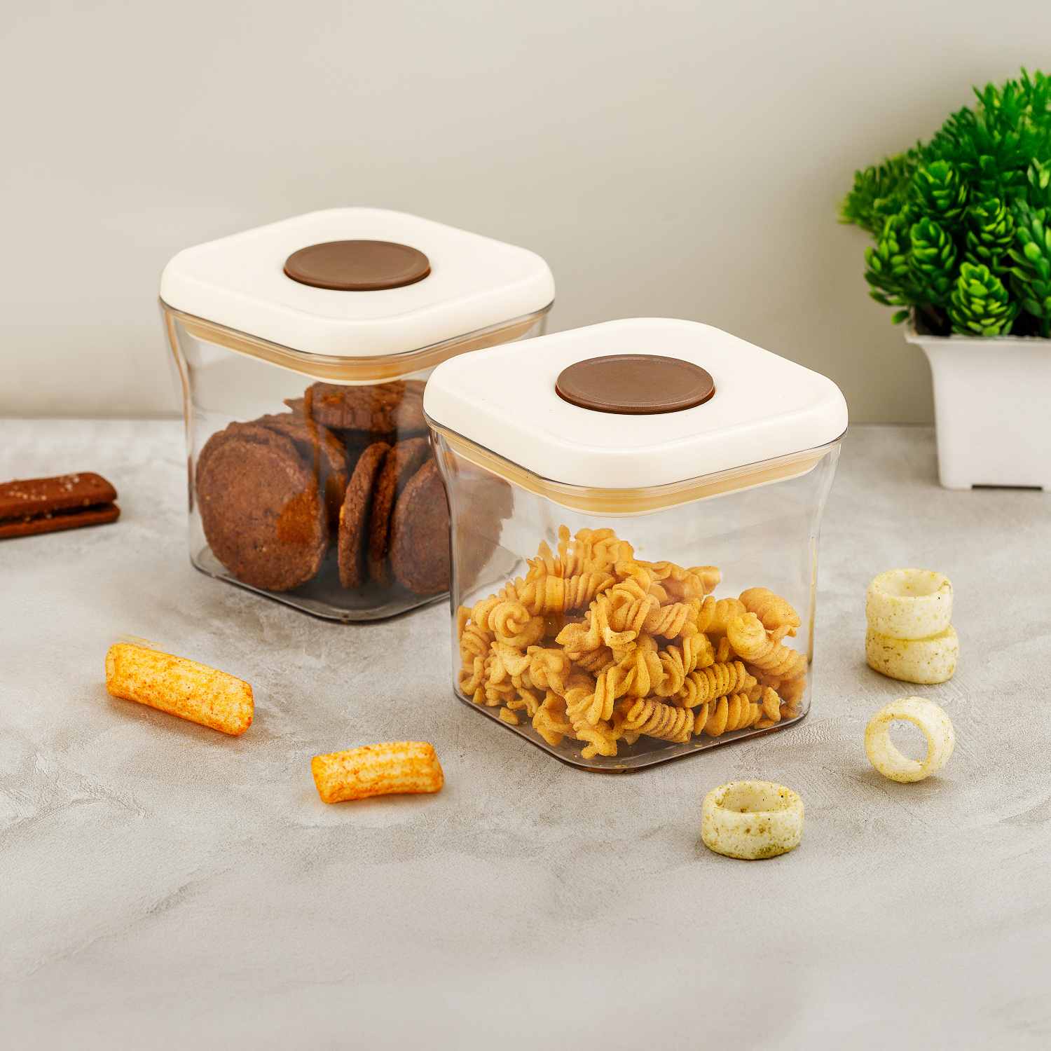 HAZEL Airtight Food Storage Containers with One-Touch Pop-Up Lid | Leakproof, Stackable Jar, 600 ML, Cream, Set of 2