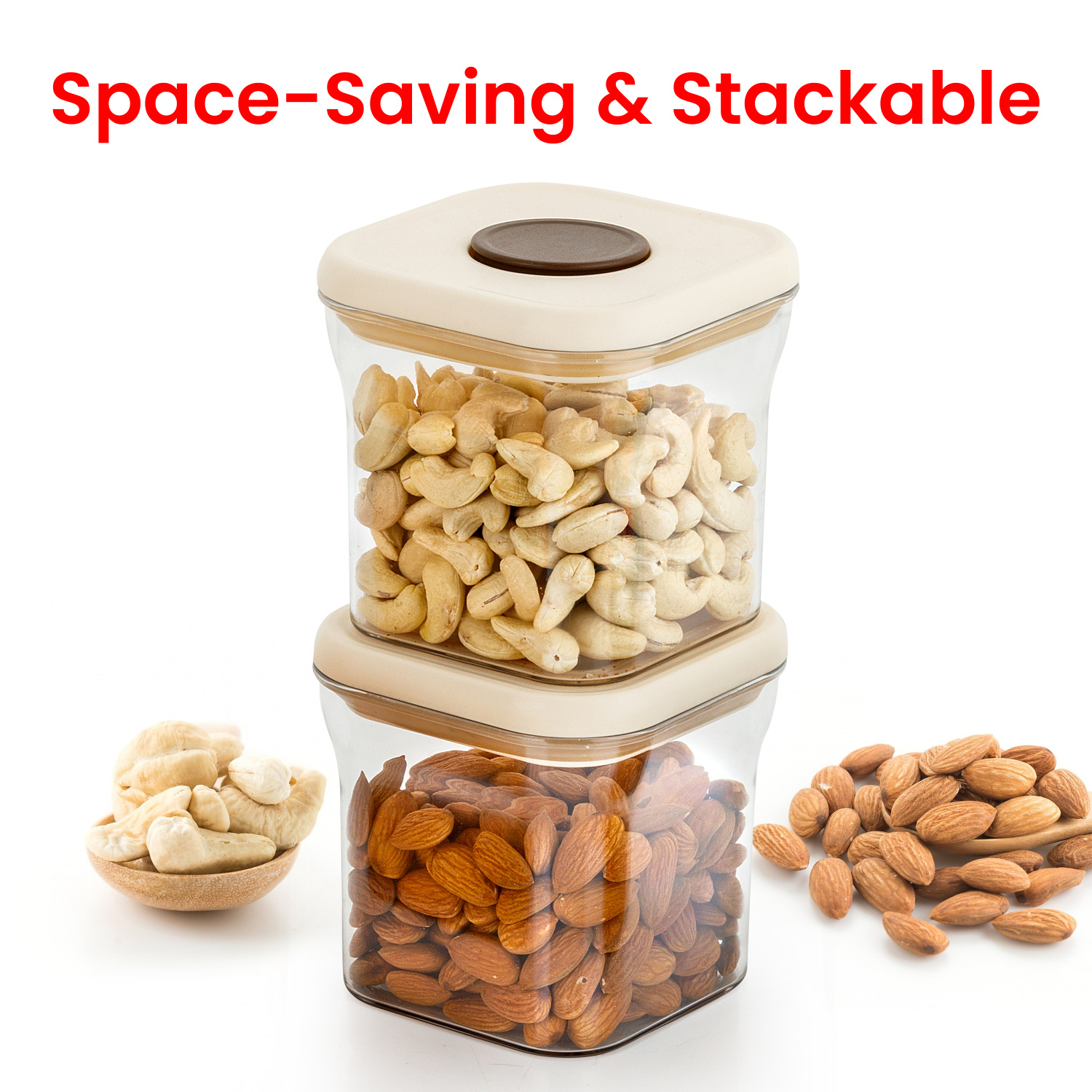 HAZEL Airtight Food Storage Containers with One-Touch Pop-Up Lid | Leakproof, Stackable Jar, 600 ML, Cream, Set of 2