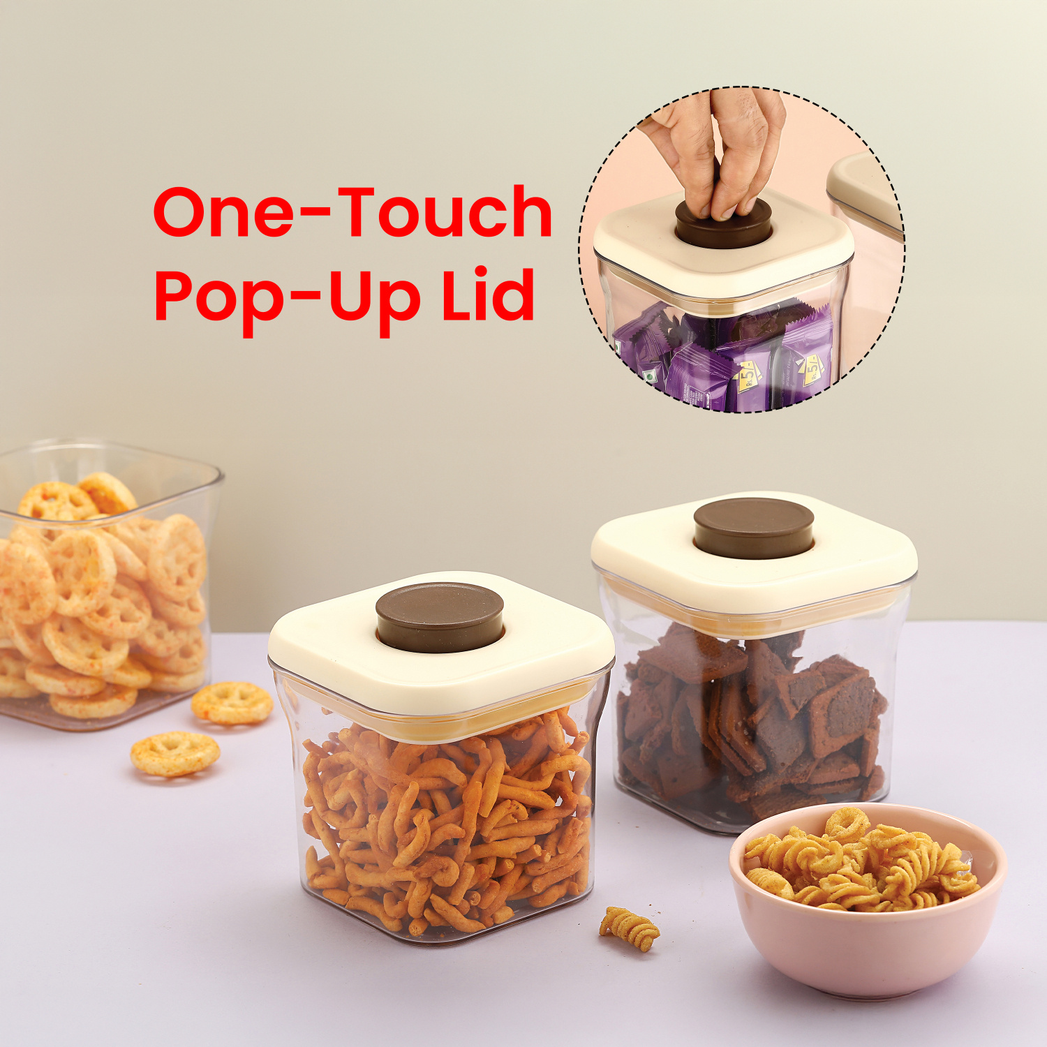 HAZEL Airtight Food Storage Containers with One-Touch Pop-Up Lid | Leakproof, Stackable Jar, 600 ML, Cream, Set of 2