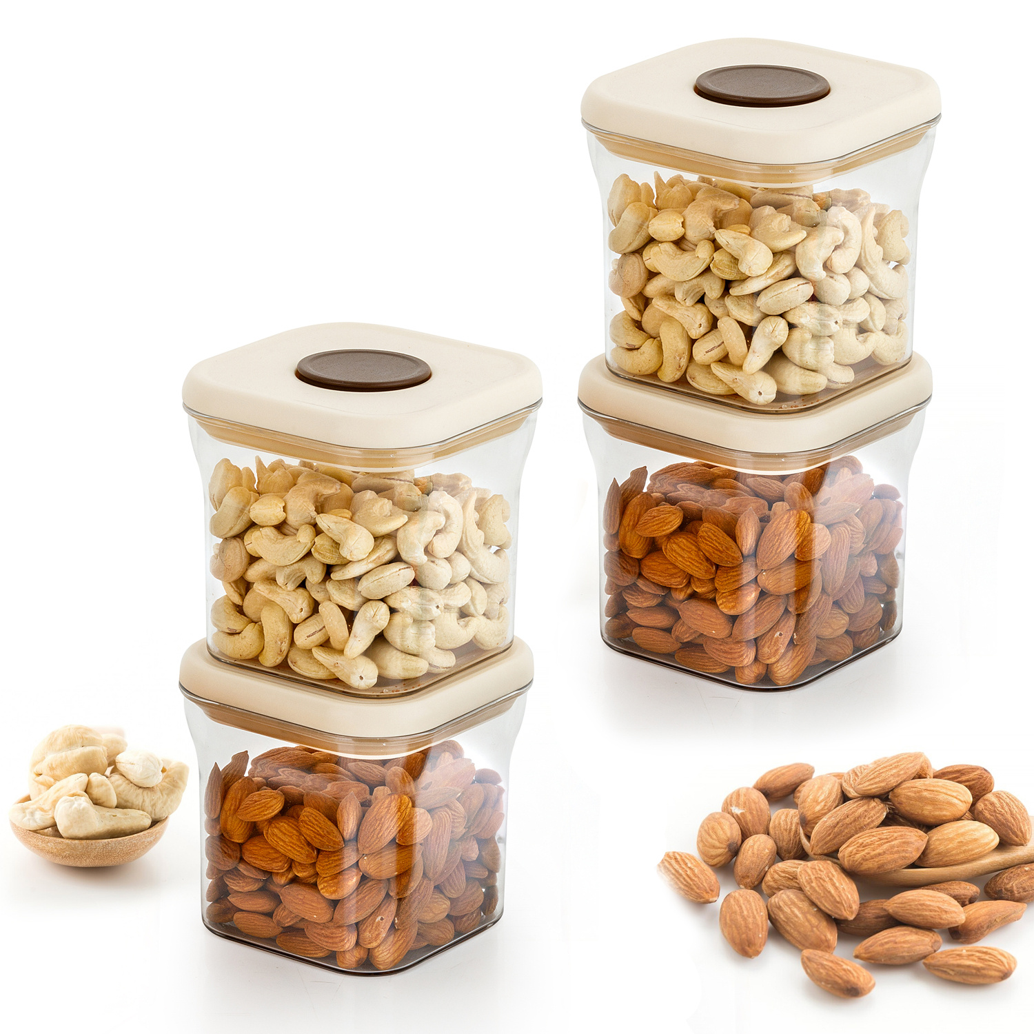 HAZEL Airtight Food Storage Containers with One-Touch Pop-Up Lid | Leakproof, Stackable Jar, 600 ML, Cream, Set of 4
