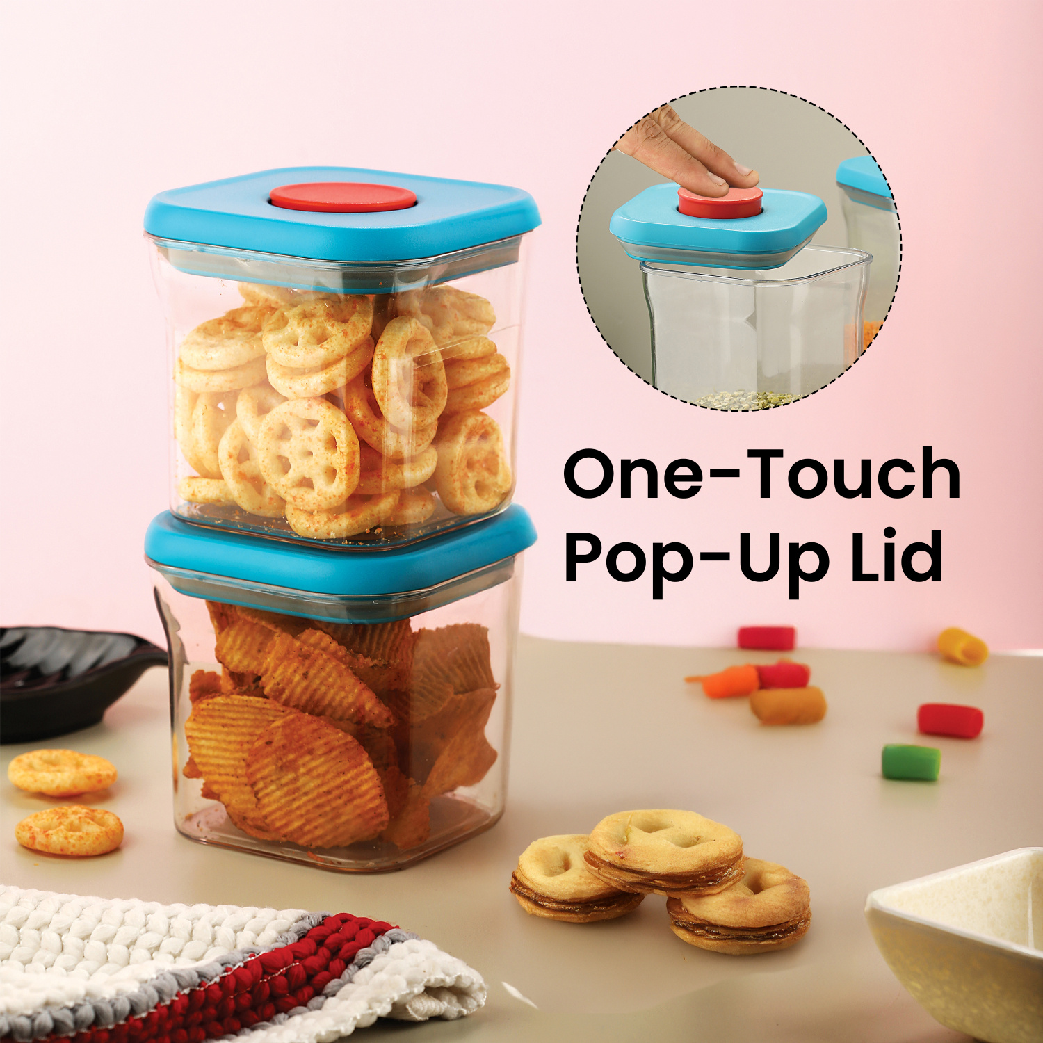 HAZEL Airtight Food Storage Containers with One-Touch Pop-Up Lid | Leakproof, Stackable Jar, 600 ML, Blue, Set of 4