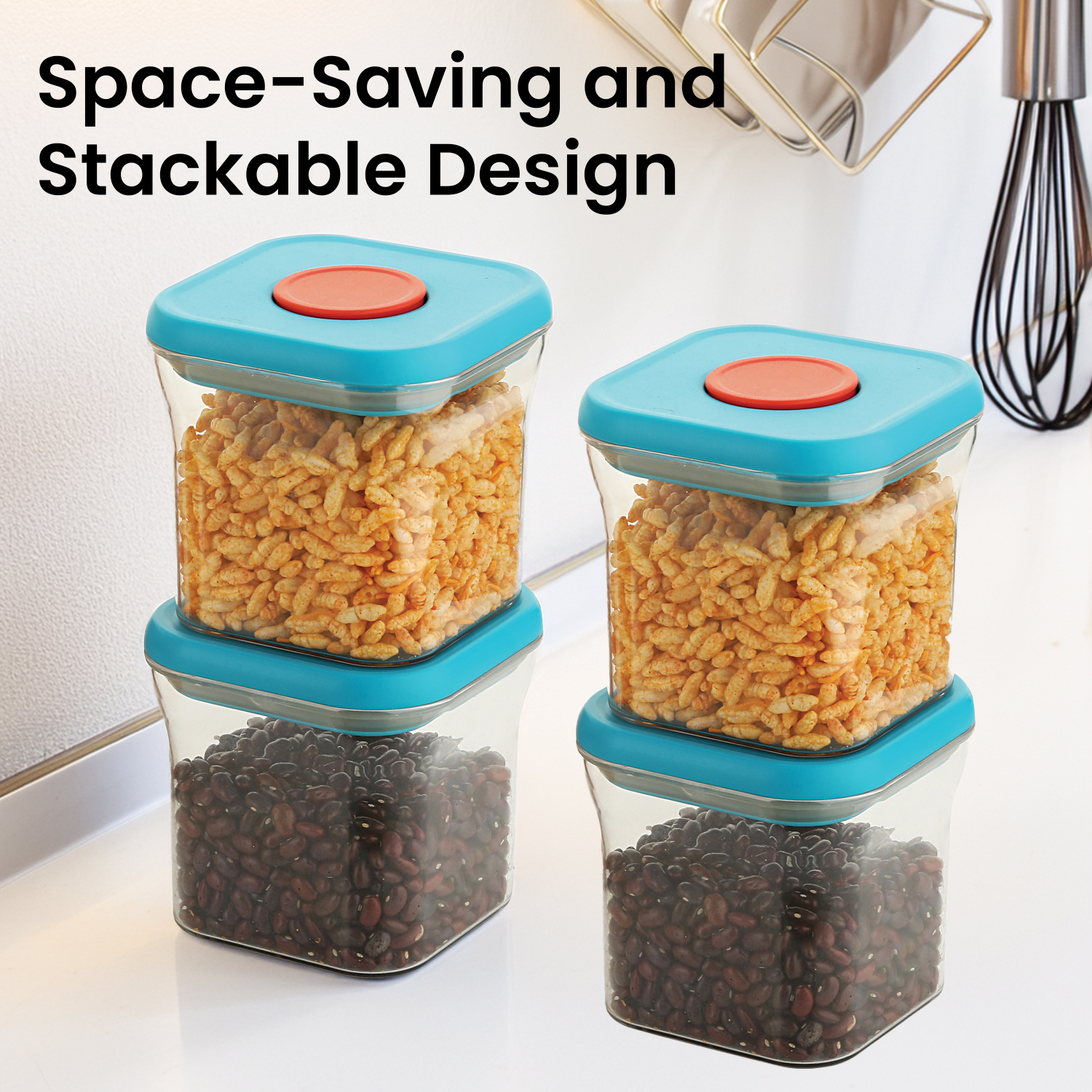 HAZEL Airtight Food Storage Containers with One-Touch Pop-Up Lid | Leakproof, Stackable Jar, 600 ML, Blue, Set of 4