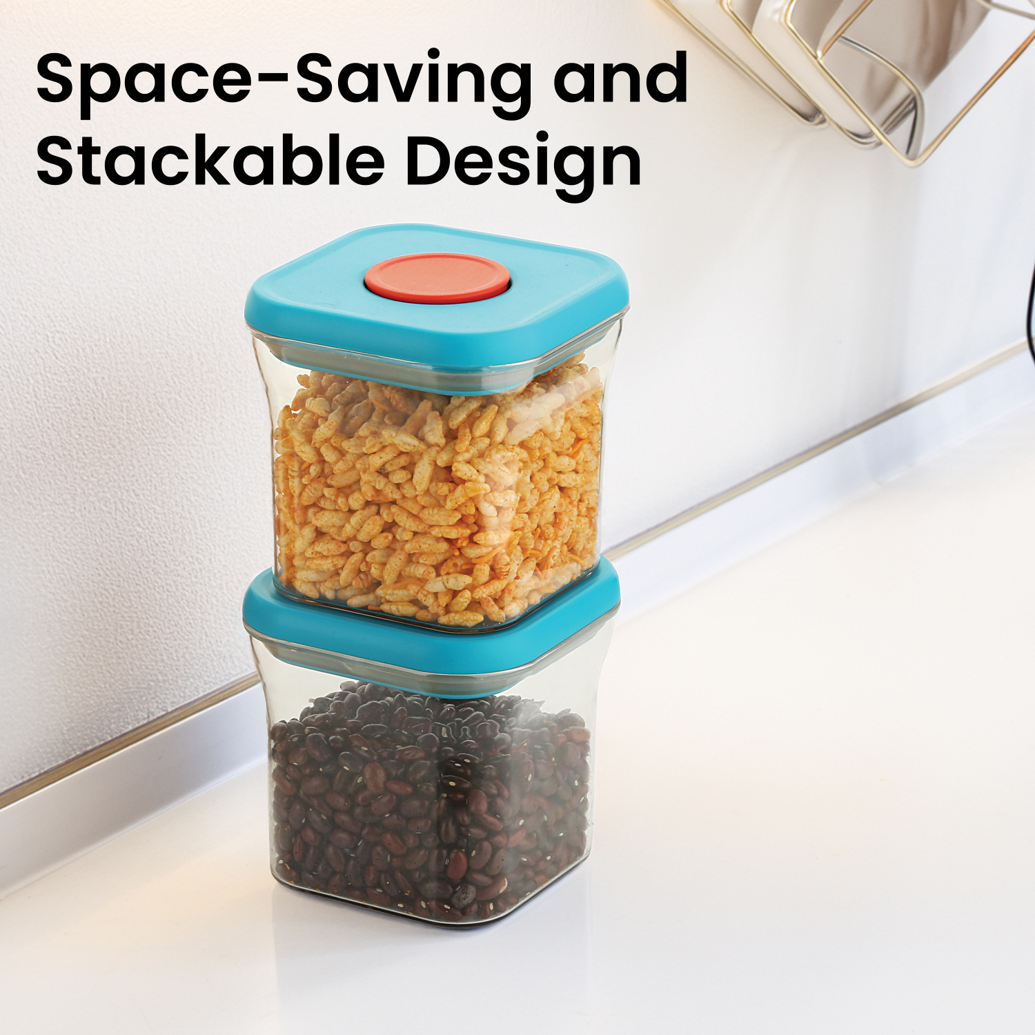 HAZEL Airtight Food Storage Containers with One-Touch Pop-Up Lid | Leakproof, Stackable Jar, 600 ML, Blue, Set of 4
