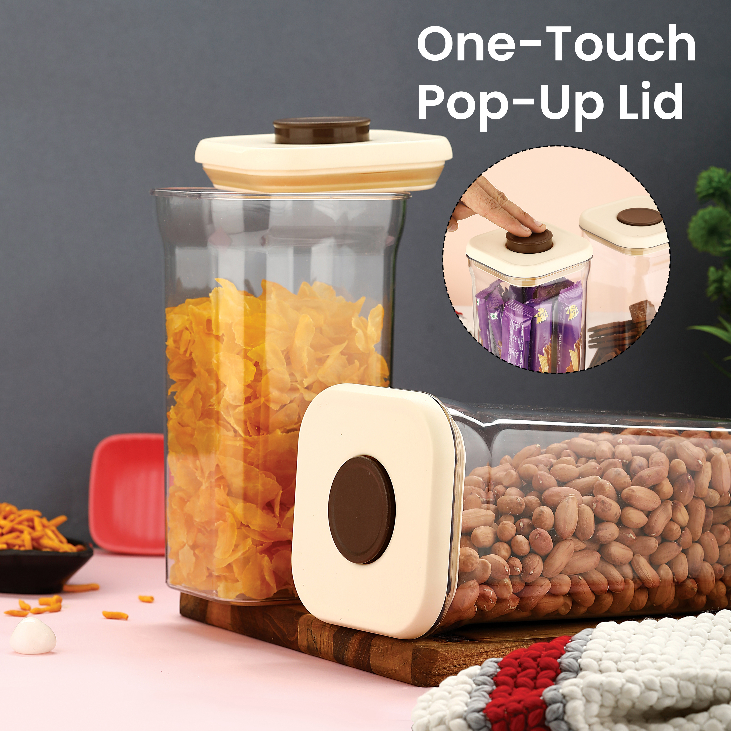 HAZEL Airtight Storage Containers with One-Touch Lid | Stackable Jars for Snacks, Pasta, Dal, 1300 ML, Cream, Set of 2