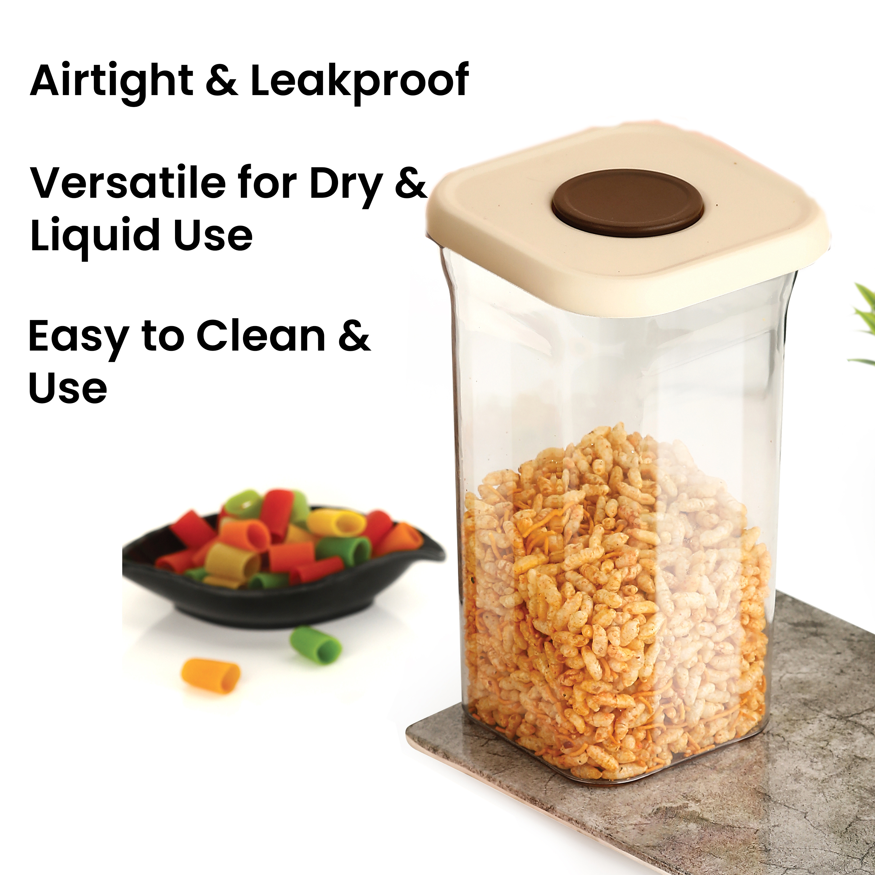 HAZEL Airtight Storage Containers with One-Touch Lid | Stackable Jars for Snacks, Pasta, Dal, 1300 ML, Cream, Set of 2