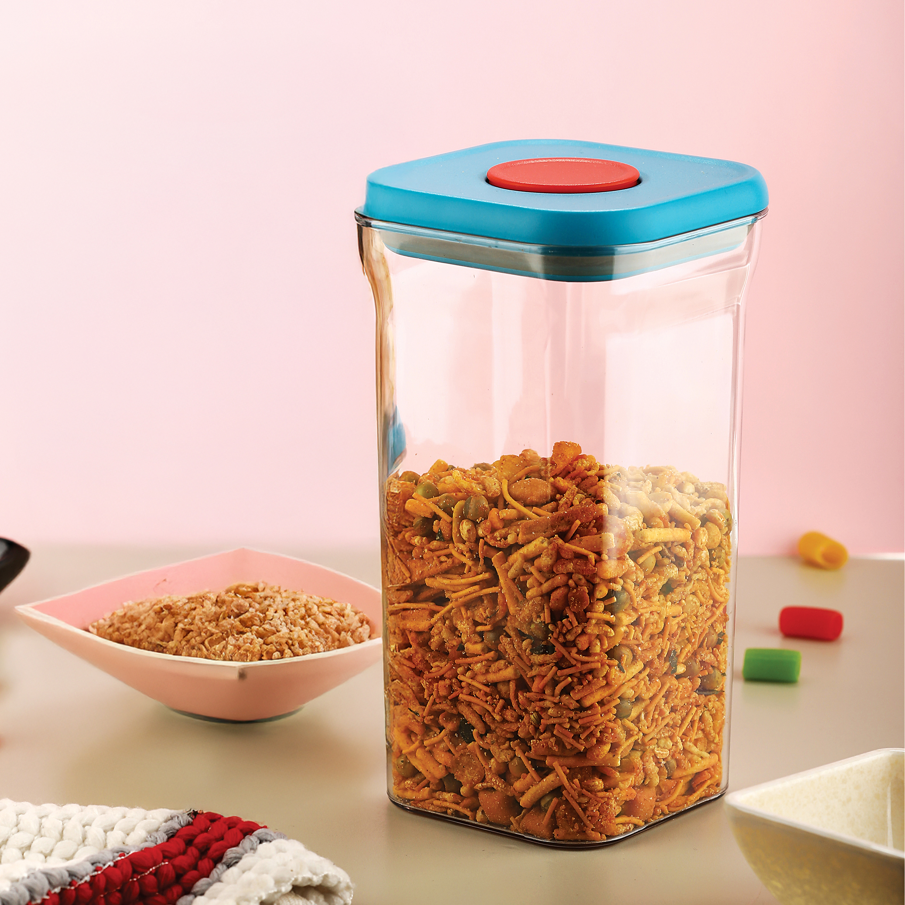 HAZEL Airtight Storage Containers with One-Touch Lid | Stackable Jars for Snacks, Pasta, Dal, 1300 ML, Blue, Set of 2