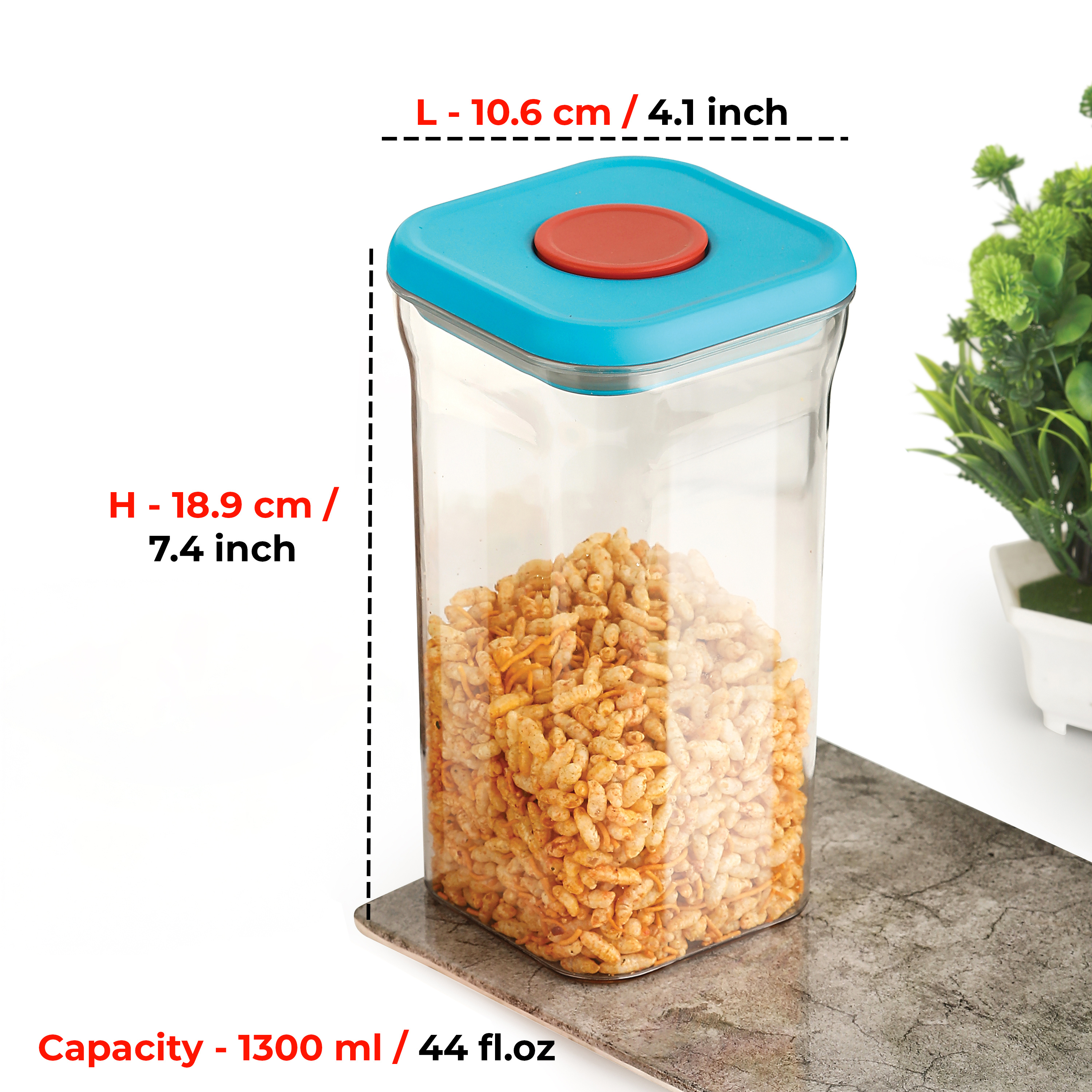 HAZEL Airtight Storage Containers with One-Touch Lid | Stackable Jars for Snacks, Pasta, Dal, 1300 ML, Blue, Set of 2
