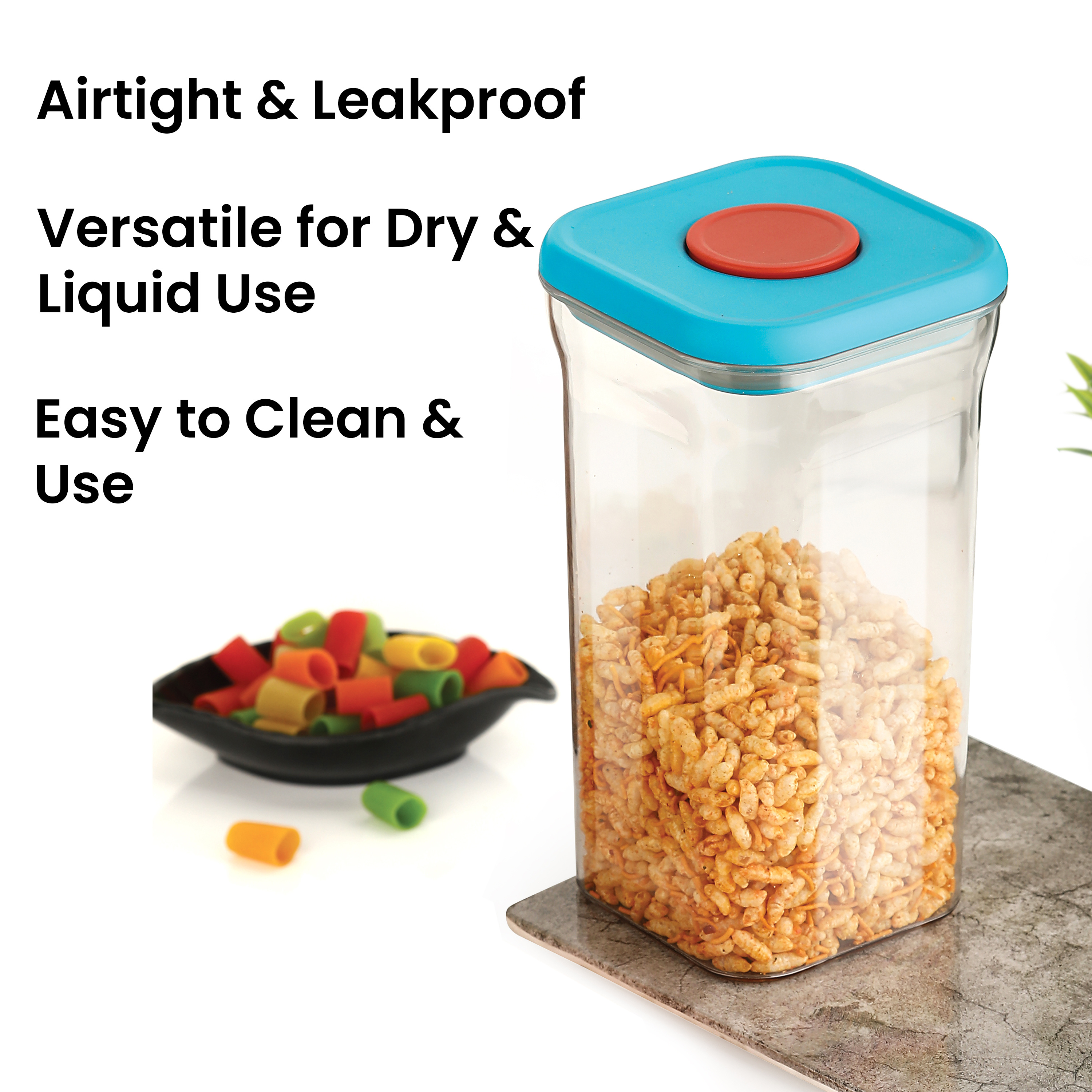 HAZEL Airtight Storage Containers with One-Touch Lid | Stackable Jars for Snacks, Pasta, Dal, 1300 ML, Blue, Set of 2