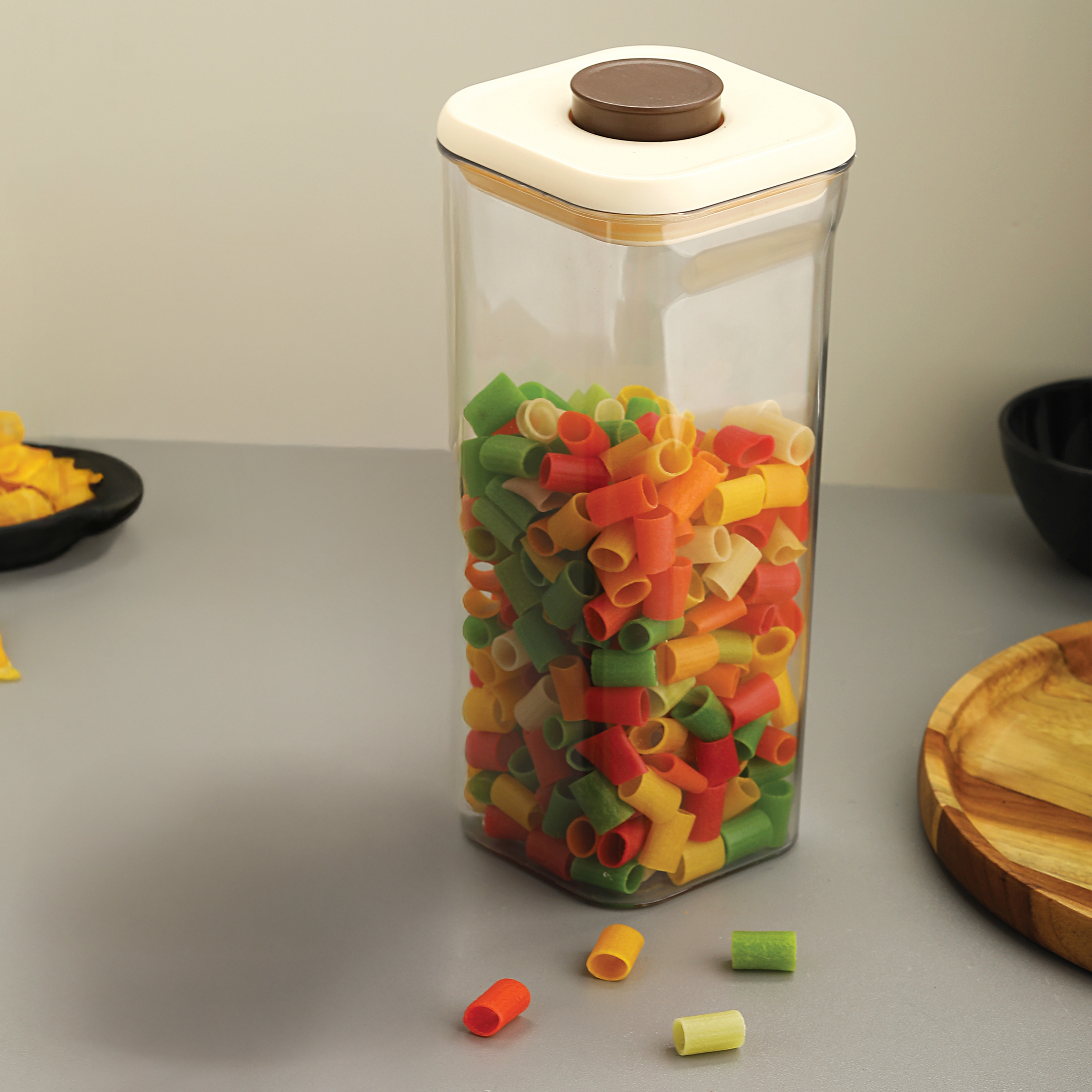 HAZEL Airtight Food Storage Container | Plastic Kitchen Jar for Pulses, Grains, Cereal, Snacks, 1600 ML, Cream