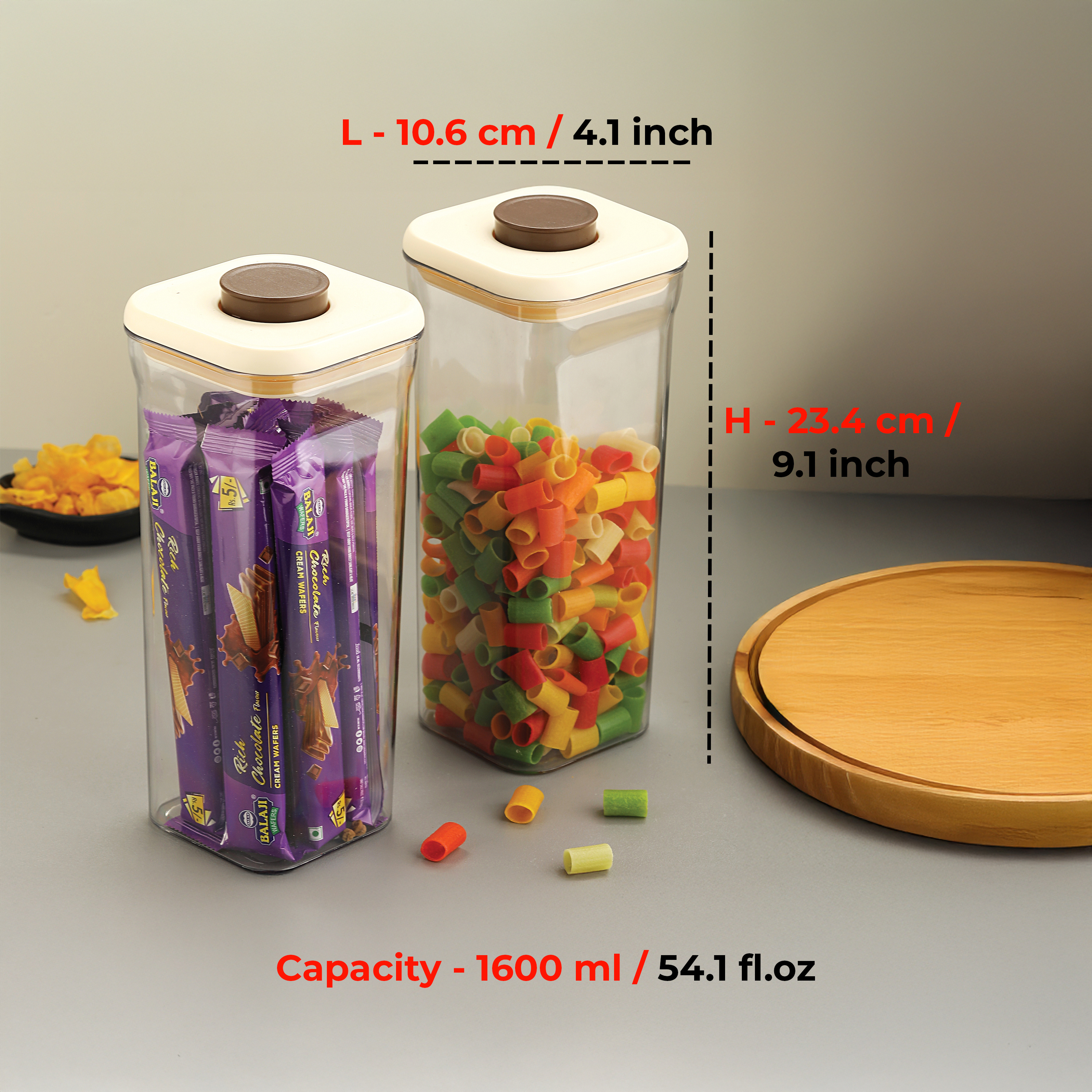 HAZEL Airtight Food Storage Container | Plastic Kitchen Jar for Pulses, Grains, Cereal, Snacks, 1600 ML, Cream, Set of 2