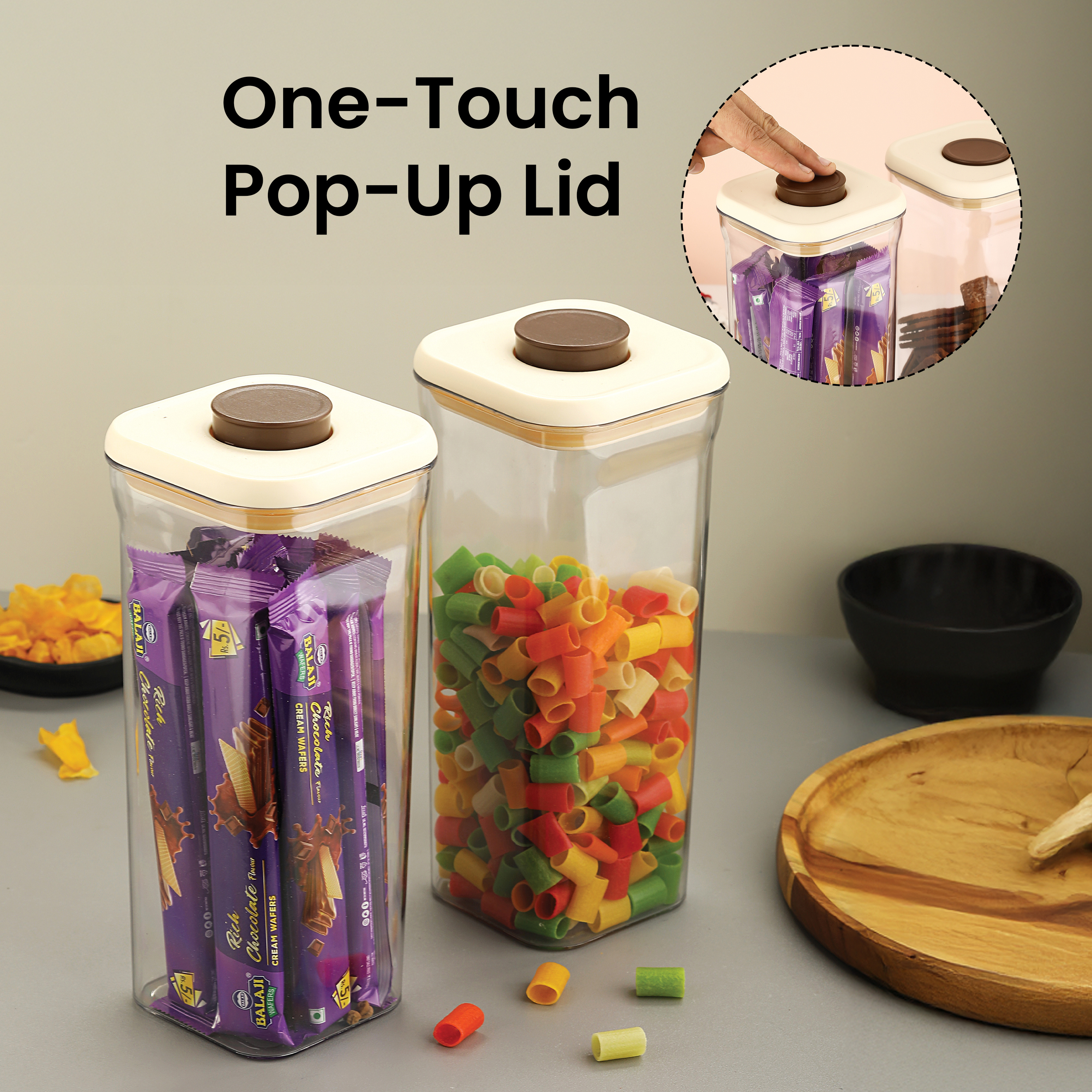 HAZEL Airtight Food Storage Container | Plastic Kitchen Jar for Pulses, Grains, Cereal, Snacks, 1600 ML, Cream, Set of 2