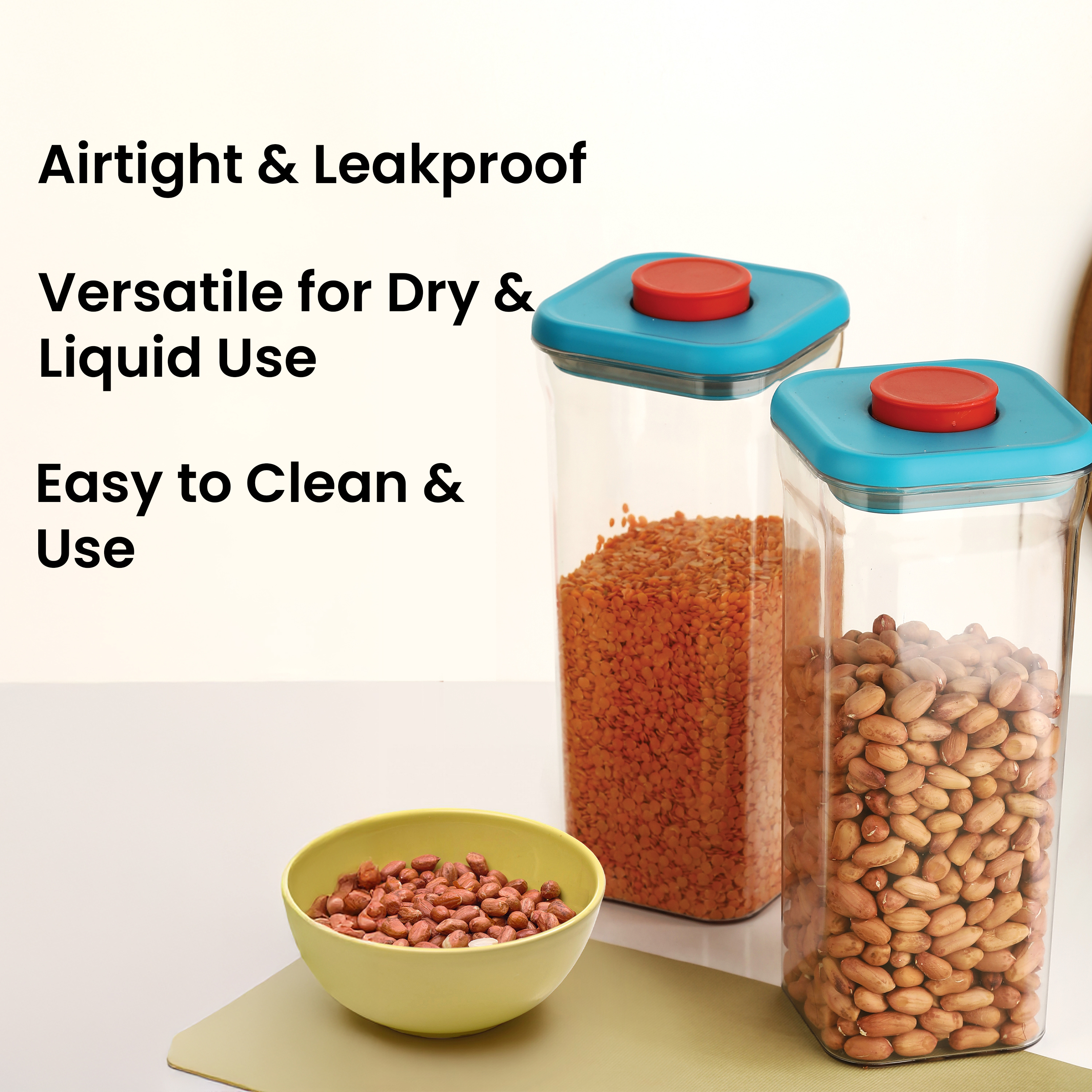 HAZEL Airtight Food Storage Container | Plastic Kitchen Jar for Pulses, Grains, Cereal, Snacks, 1600 ML, Blue