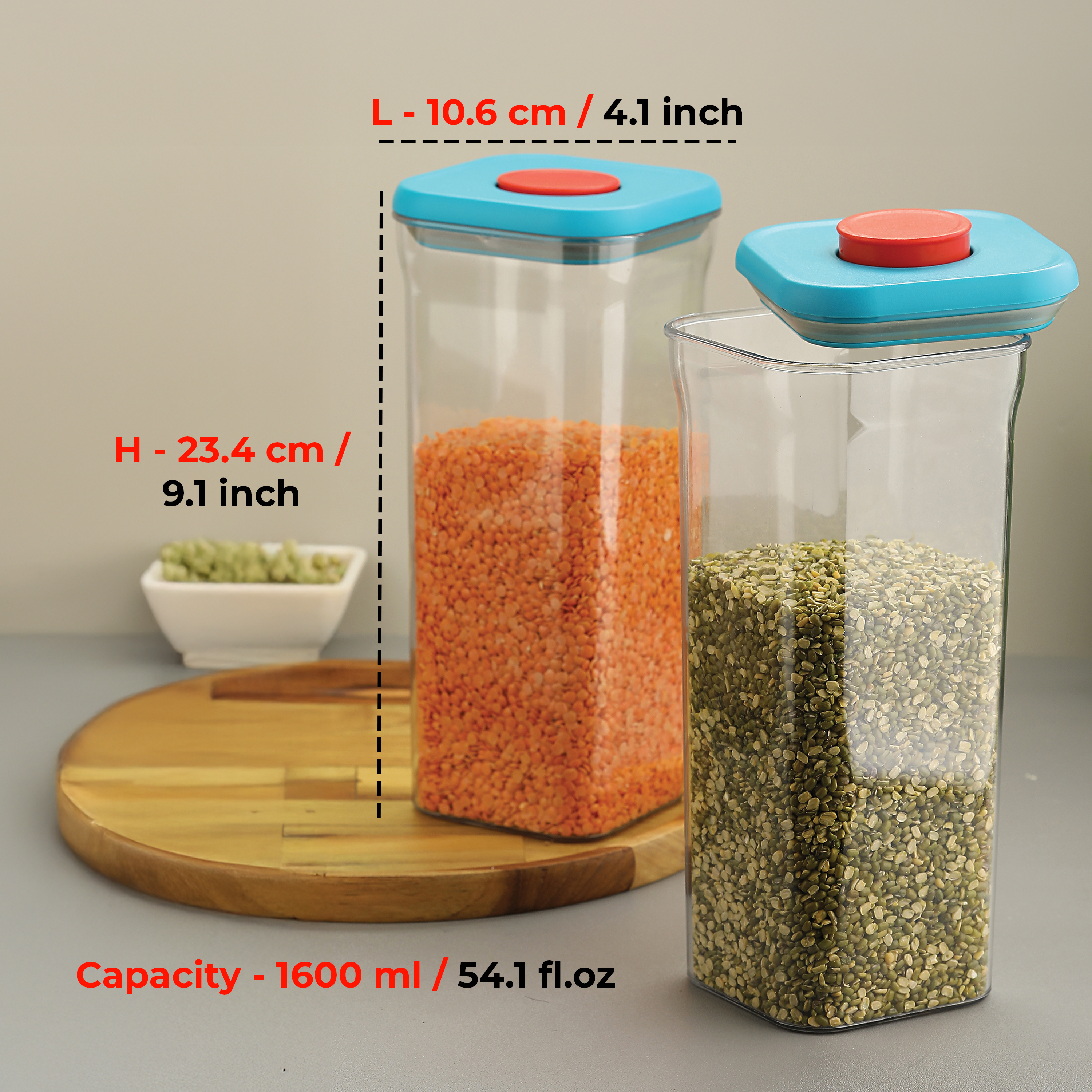 HAZEL Airtight Food Storage Container | Plastic Kitchen Jar for Pulses, Grains, Cereal, Snacks, 1500 ML, Blue, Set of 6