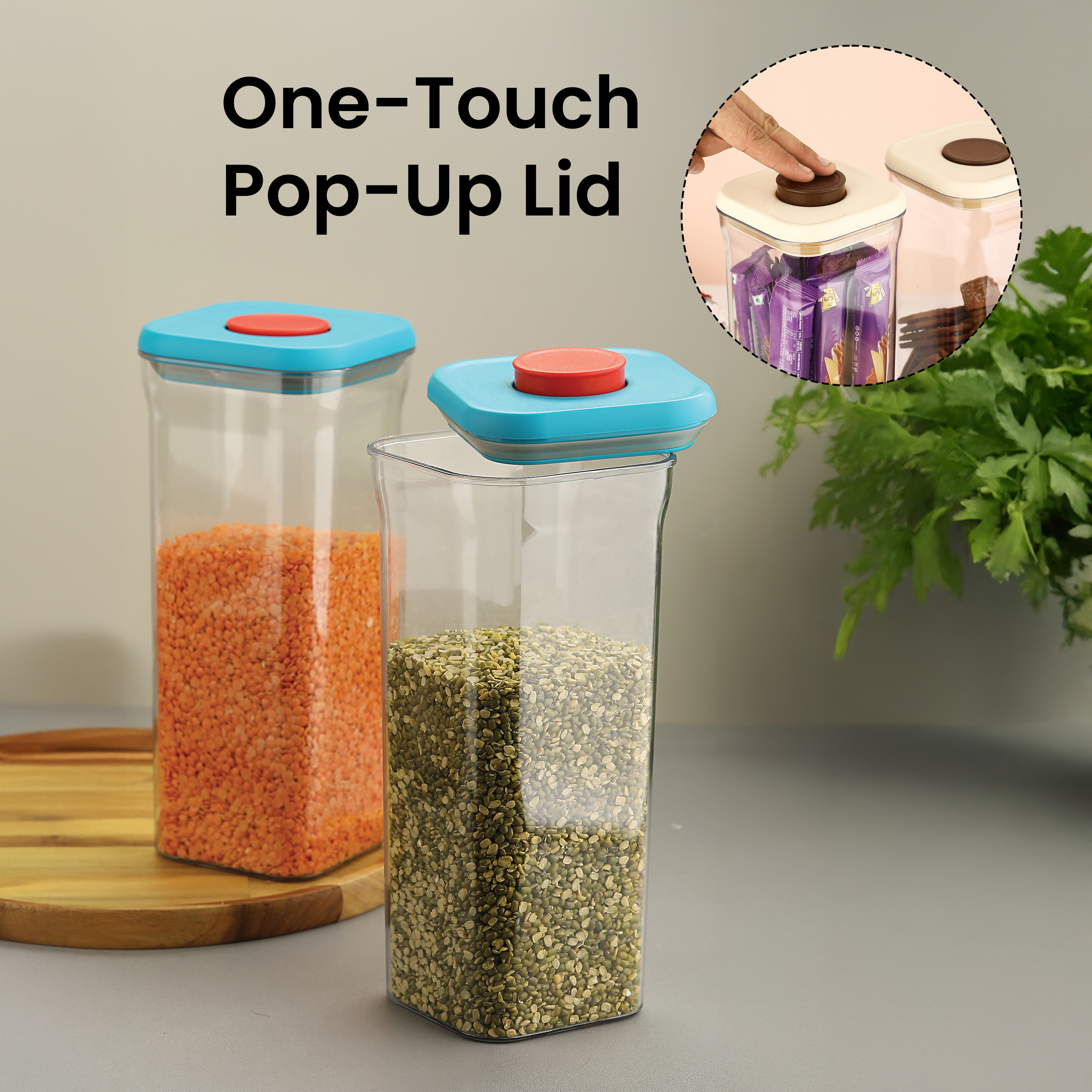 HAZEL Airtight Food Storage Container | Plastic Kitchen Jar for Pulses, Grains, Cereal, Snacks, 1500 ML, Blue, Set of 6
