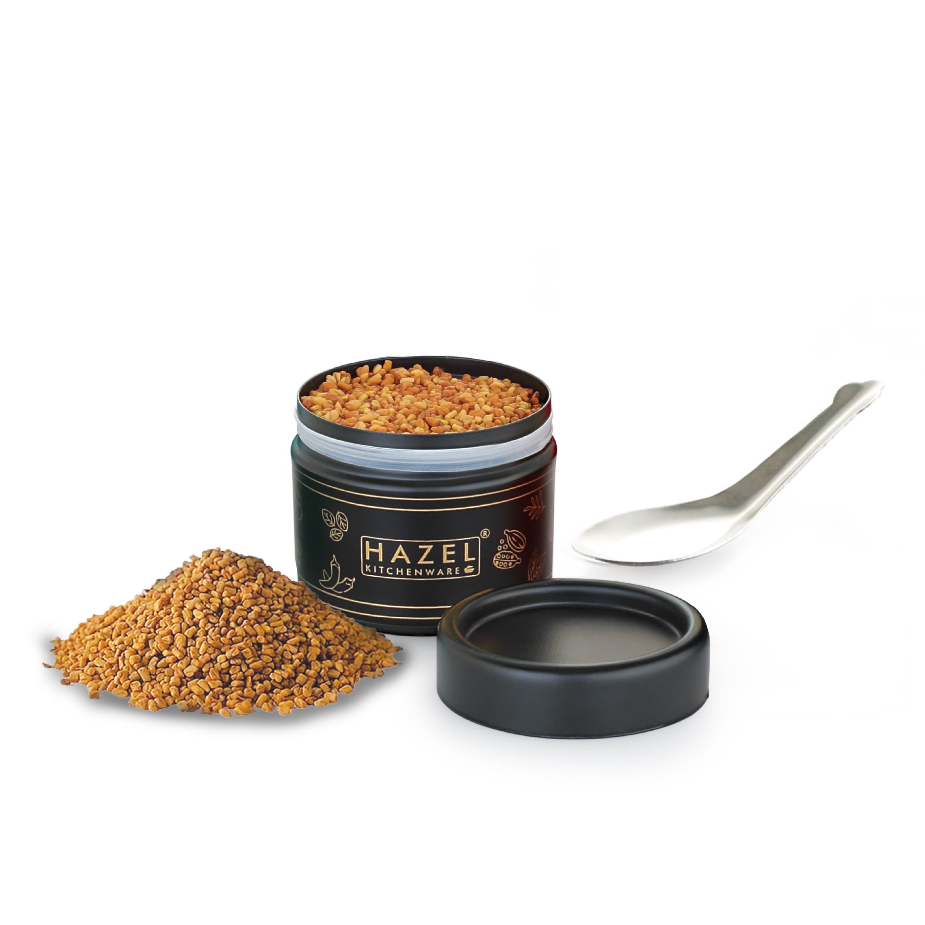 HAZEL Masala Container Set with Spoon | Airtight GI Steel Spice Box for Kitchen Storage,Black