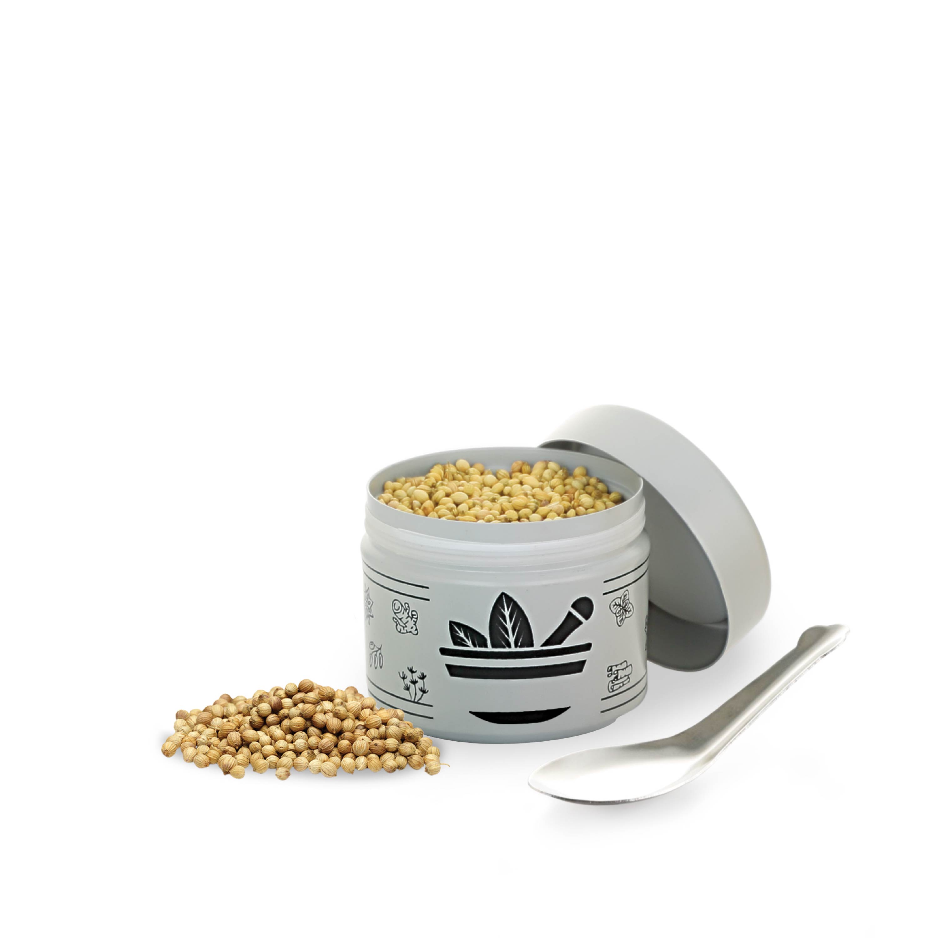 HAZEL Masala Container Set with Spoon | Airtight GI Steel Spice Box for Kitchen Storage, Grey
