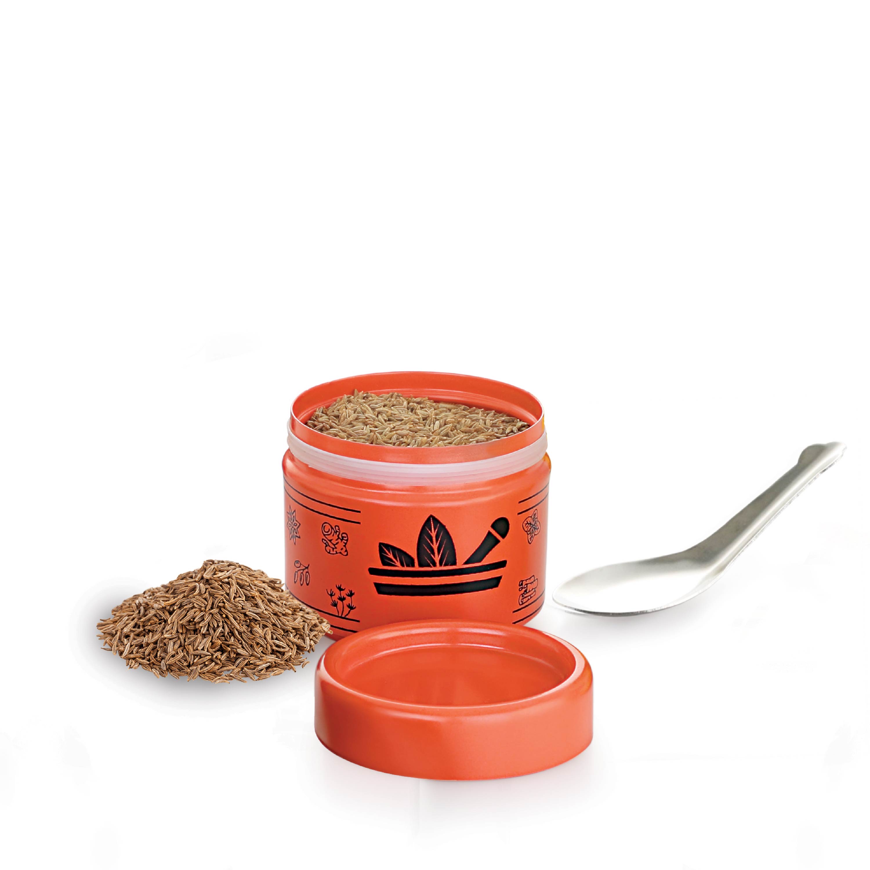 HAZEL Masala Container Set with Spoon | Airtight GI Steel Spice Box for Kitchen Storage, Orange