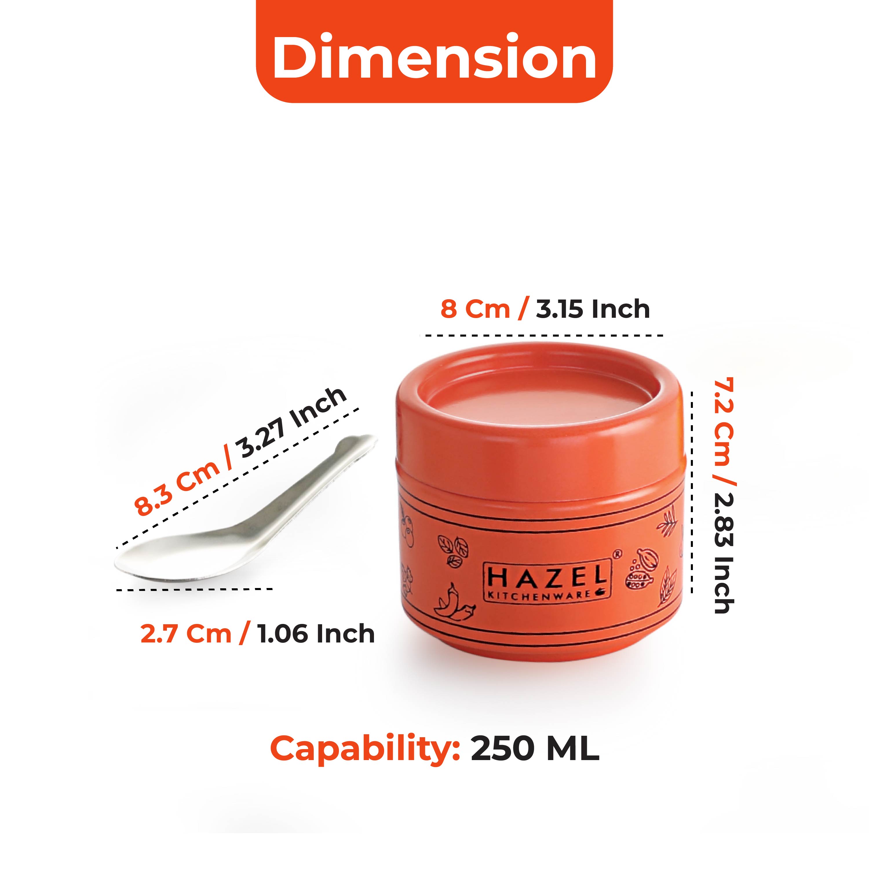 HAZEL Masala Container Set with Spoon | Airtight GI Steel Spice Box for Kitchen Storage, Orange