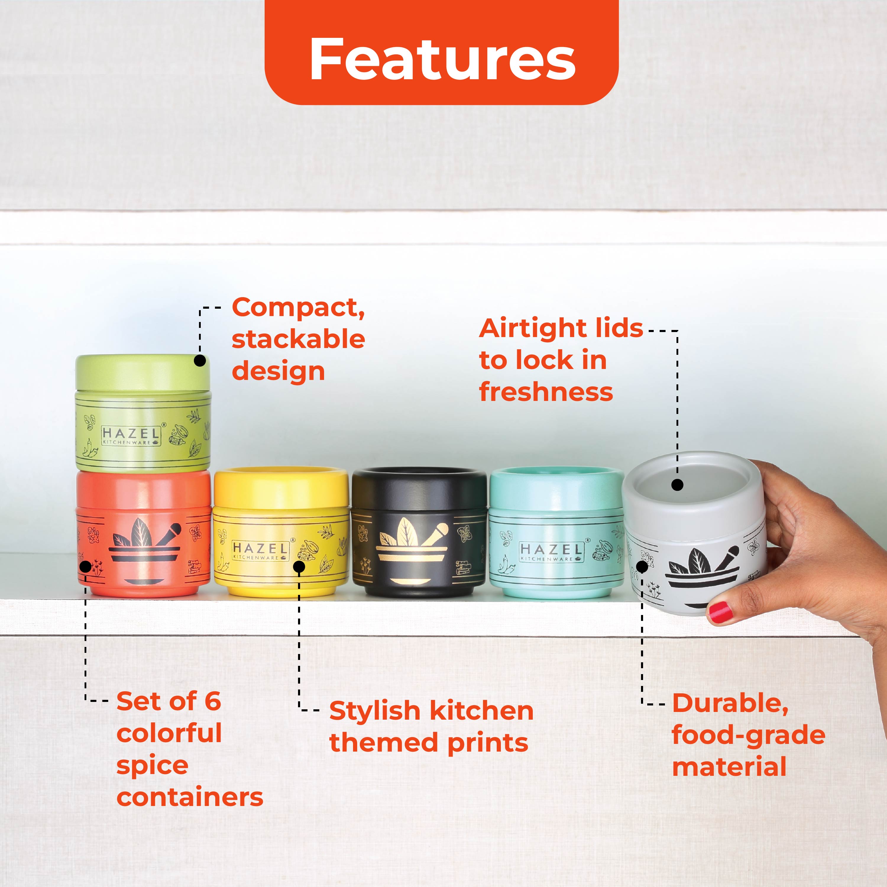 HAZEL GI Masala Container with Spoon | Spice Box for Kitchen | Airtight & Traditional Design, 6 Containers with 6 Spoons