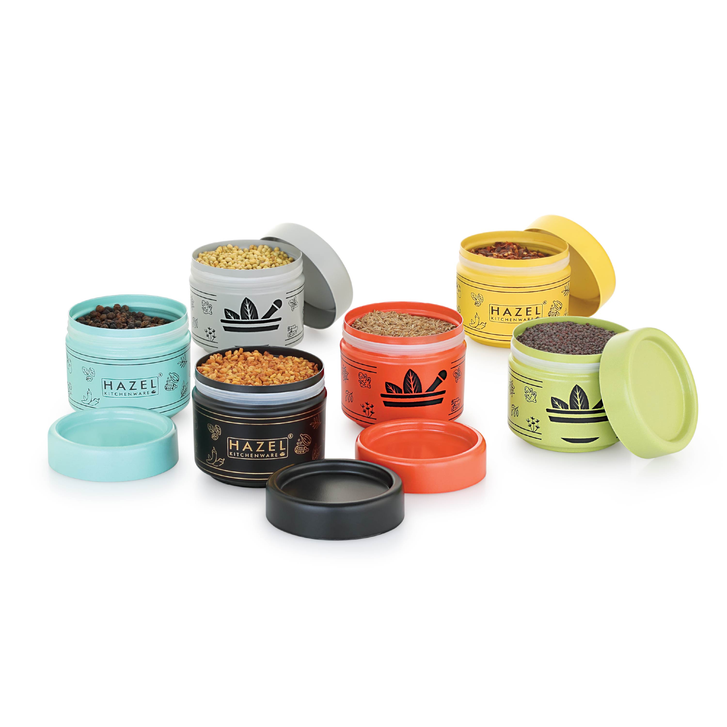 HAZEL GI Masala Container with Spoon | Spice Box for Kitchen | Airtight & Traditional Design, 6 Containers with 6 Spoons