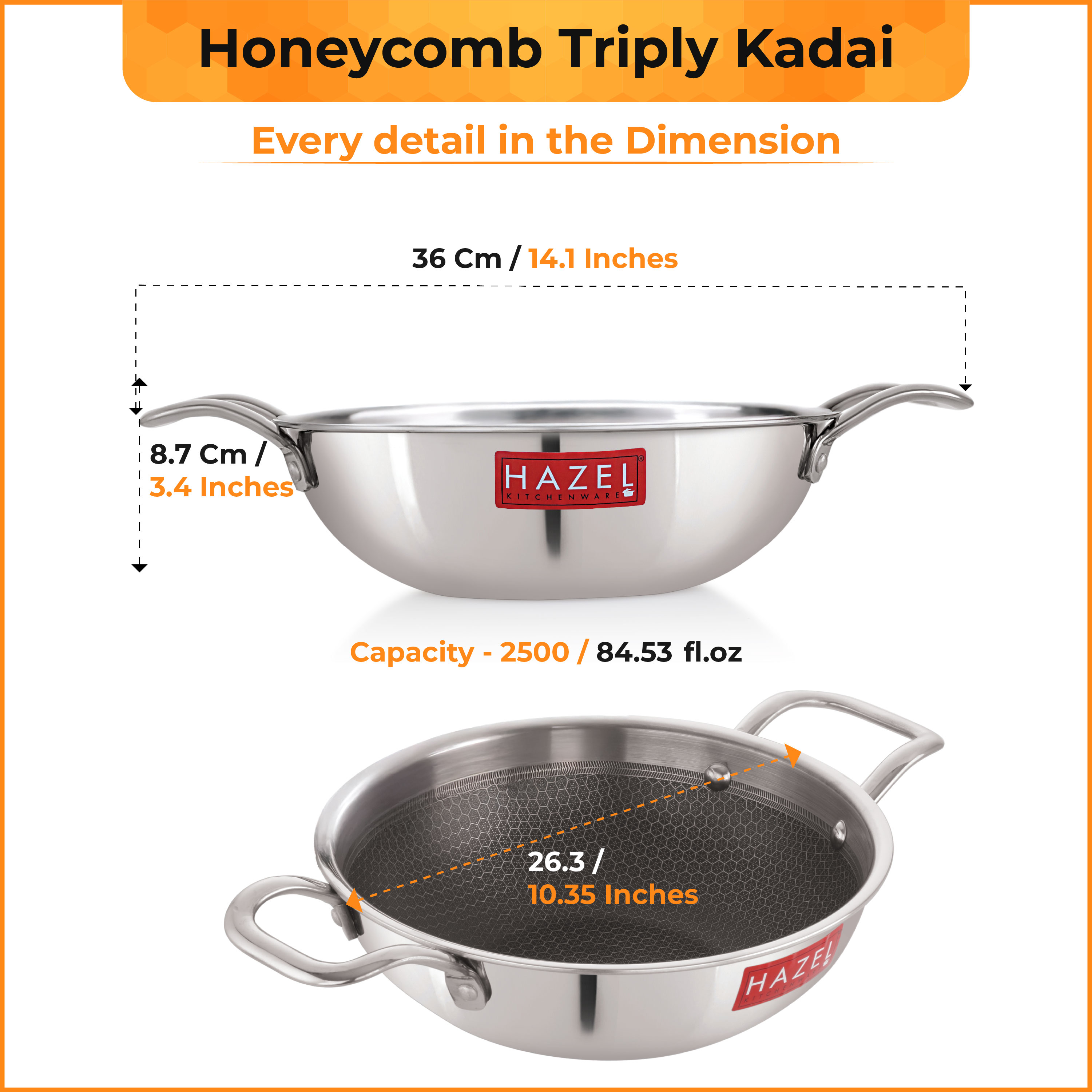 HAZEL Non-Stick Honeycomb Triply Steel Kadhai| 24cm - 2.5L | Induction Compatible