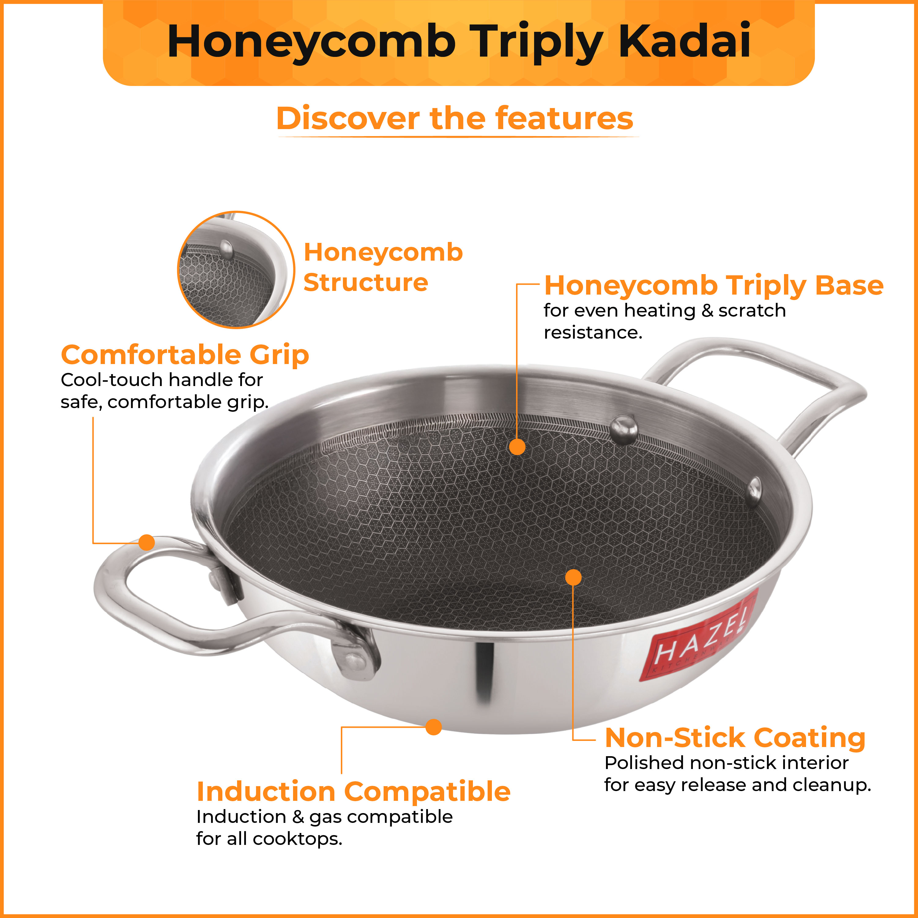 HAZEL Non-Stick Honeycomb Triply Steel Kadhai| 24cm - 2.5L | Induction Compatible
