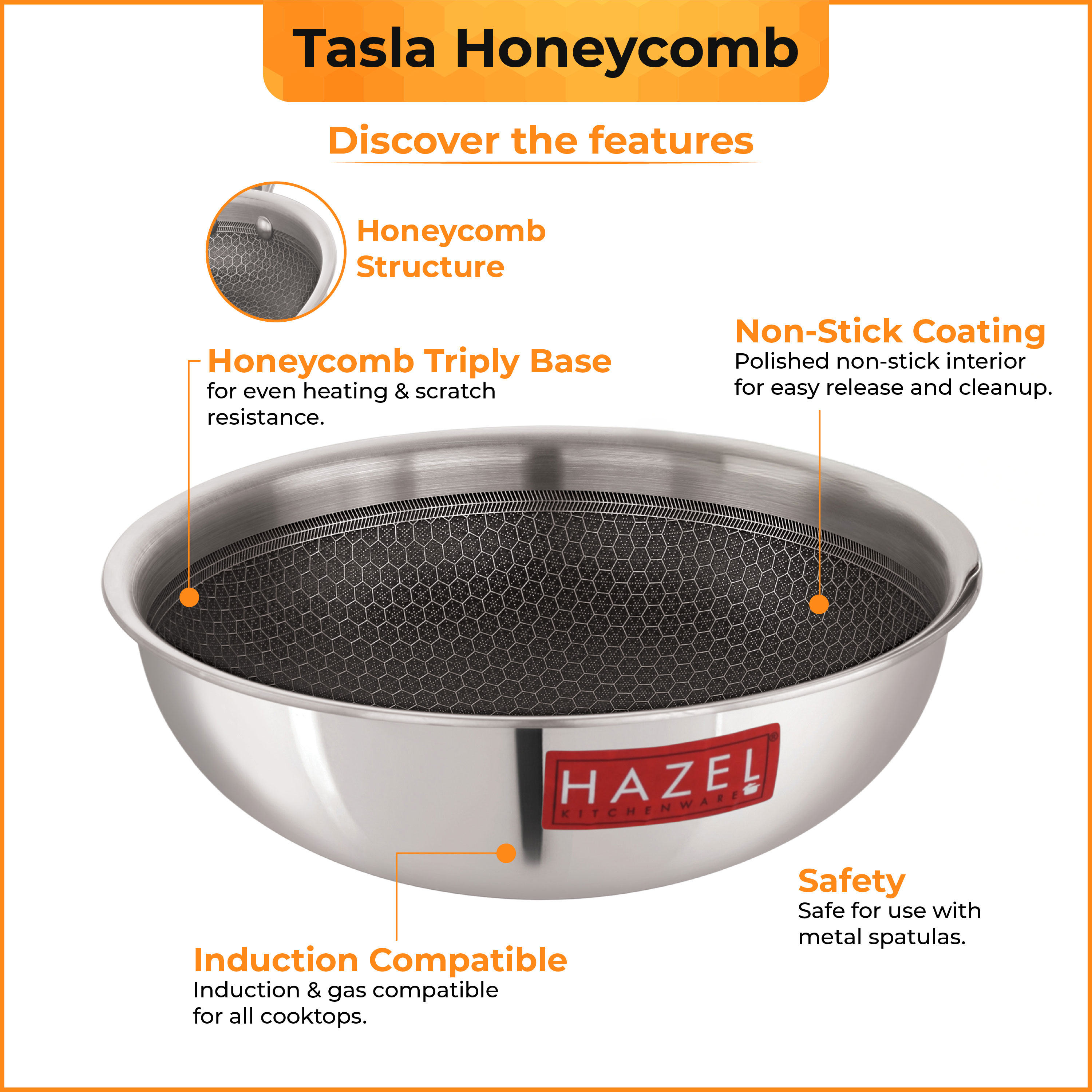HAZEL Honeycomb Triply Non Stick Tasla| 22 cm - 2L | Metal Spatula Friendly | Induction Compatible