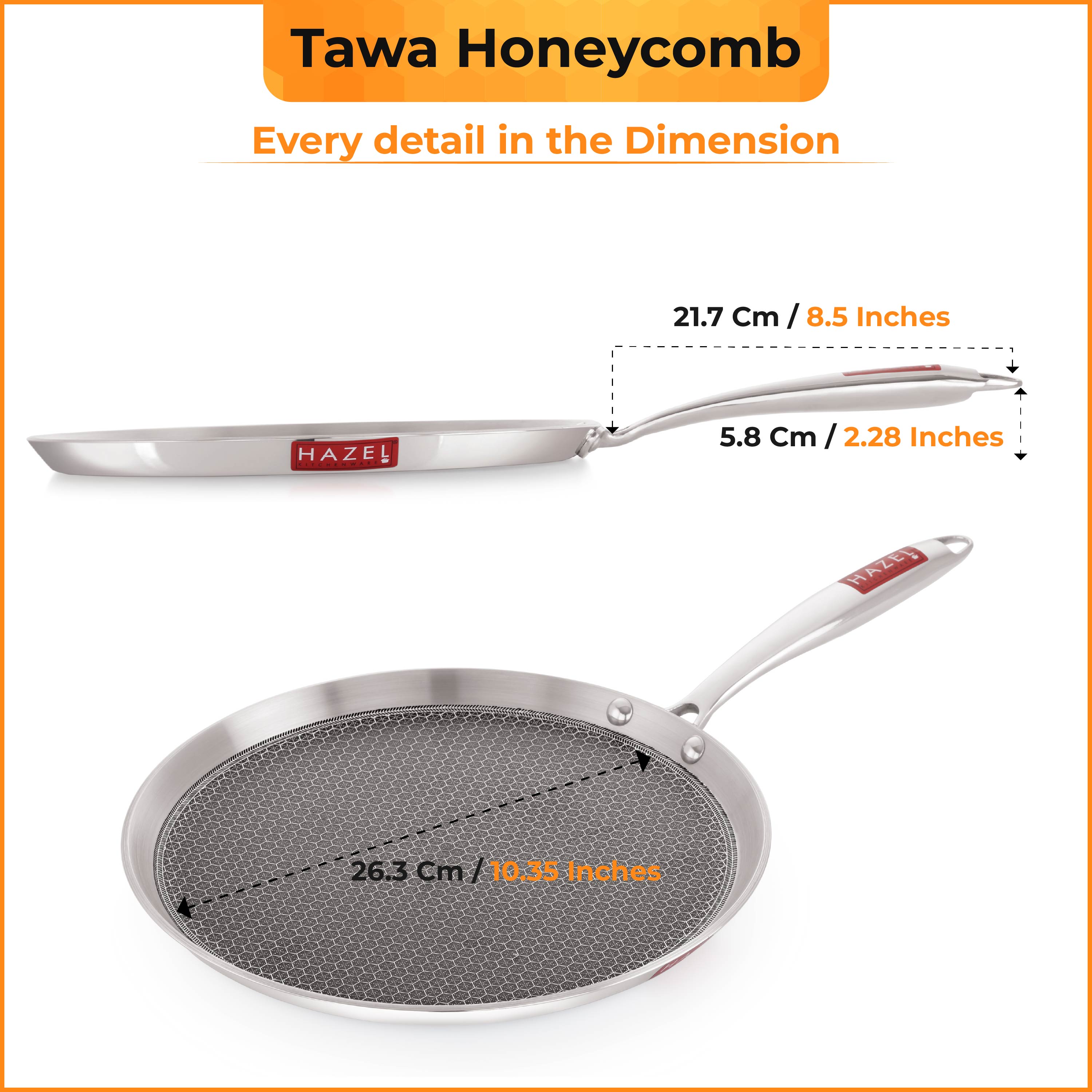 HAZEL Nonstick Dosa Tawa 26.3cm | Honeycomb Triply Steel Flat Tawa | Induction & Gas Compatible Tava