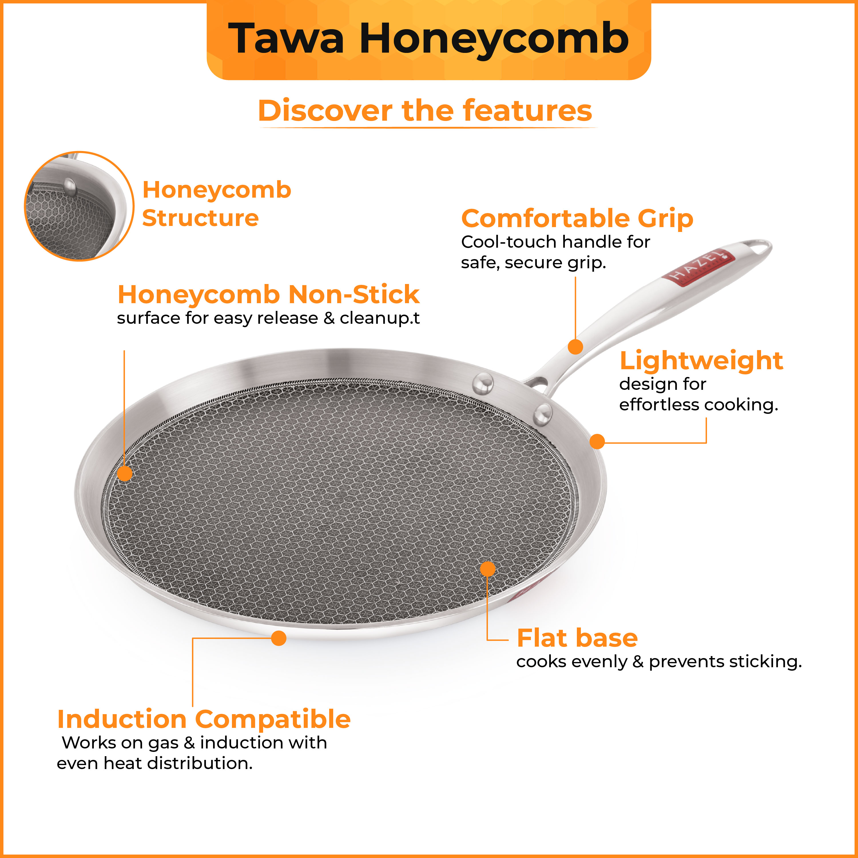 HAZEL Nonstick Dosa Tawa 26.3cm | Honeycomb Triply Steel Flat Tawa | Induction & Gas Compatible Tava