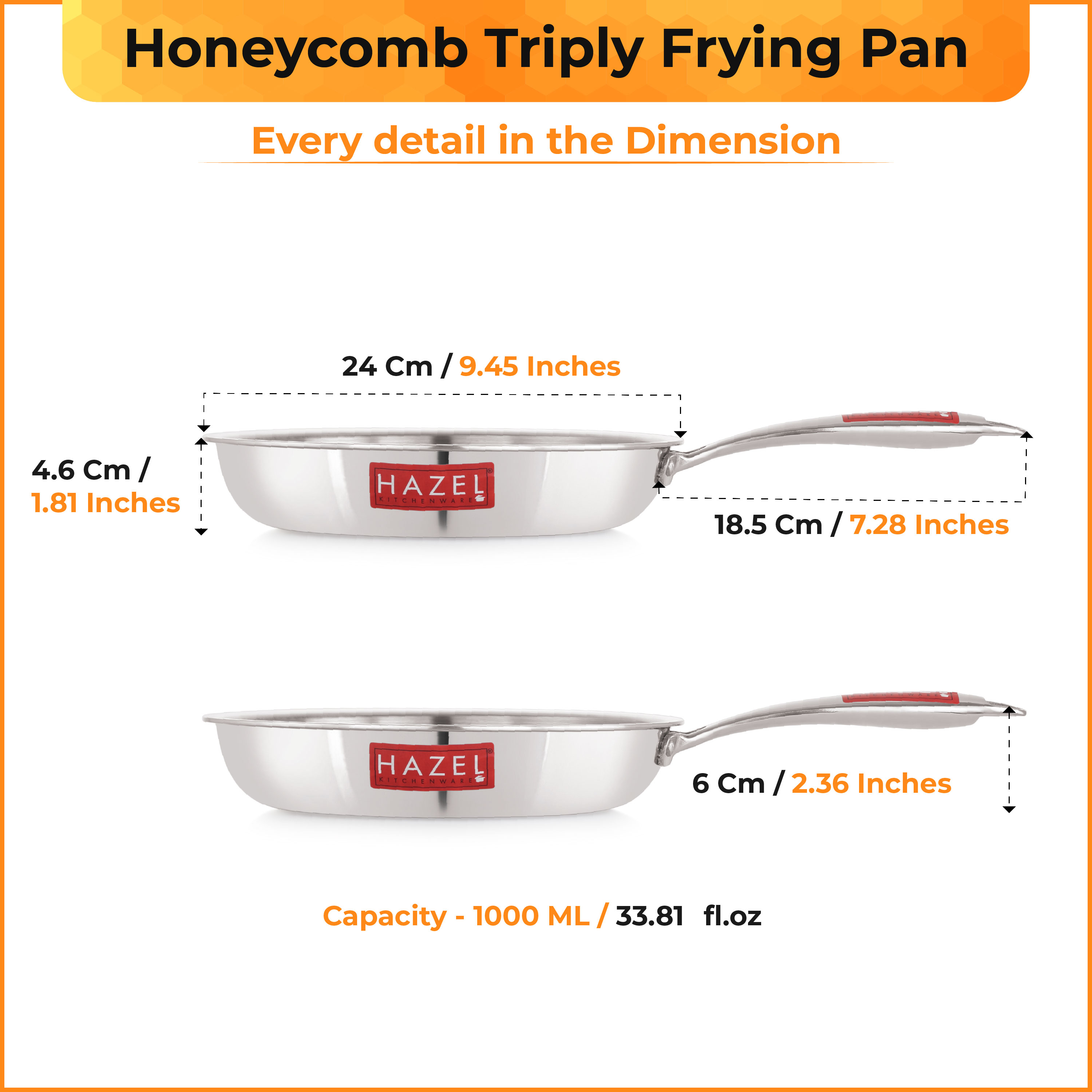 HAZEL Nonstick Fry Pan 22 cm with Honeycomb Coating | 1L Triply Frying Pan | Induction Compatible