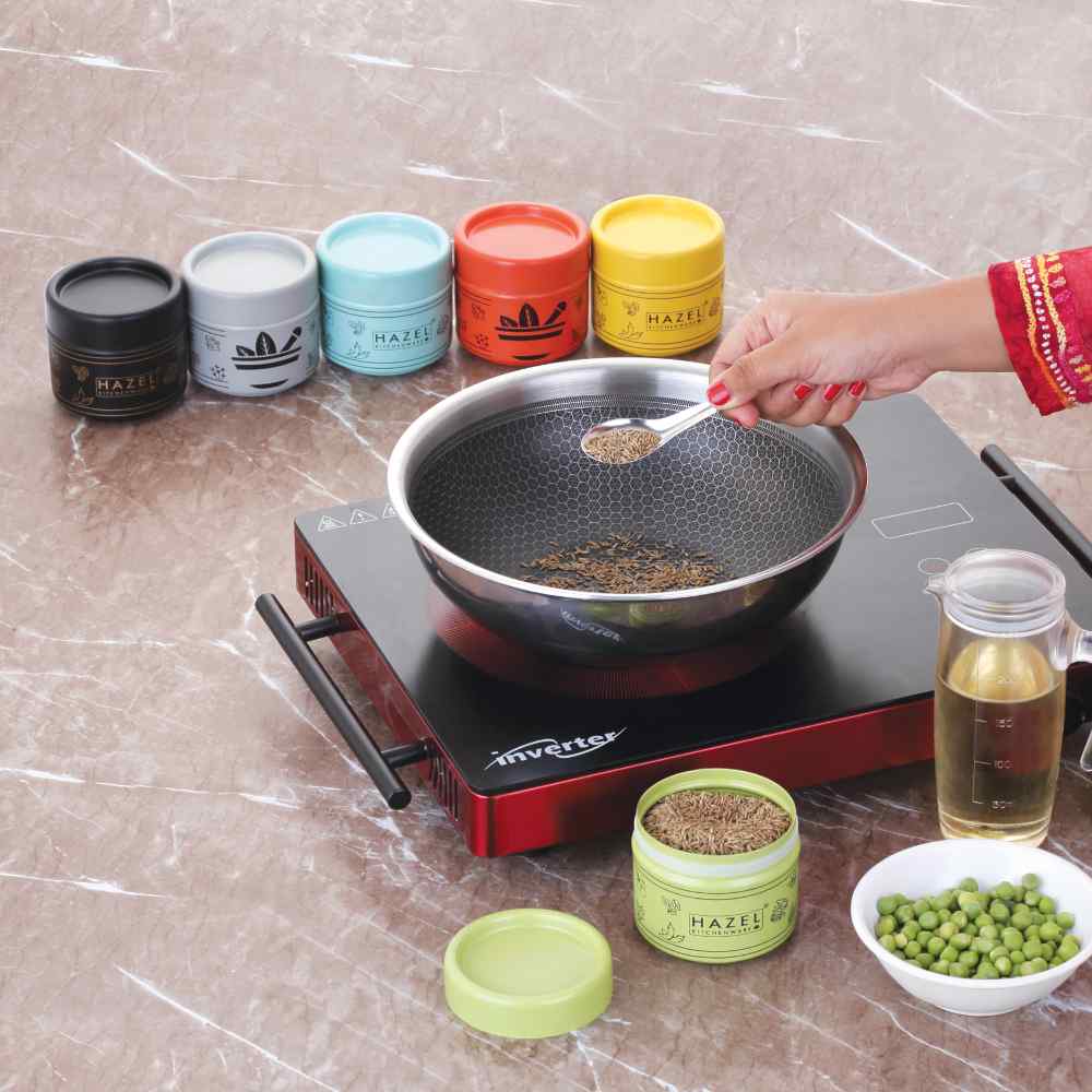 HAZEL Masala Container Set with Spoon | Airtight GI Steel Spice Box for Kitchen Storage, Light Green