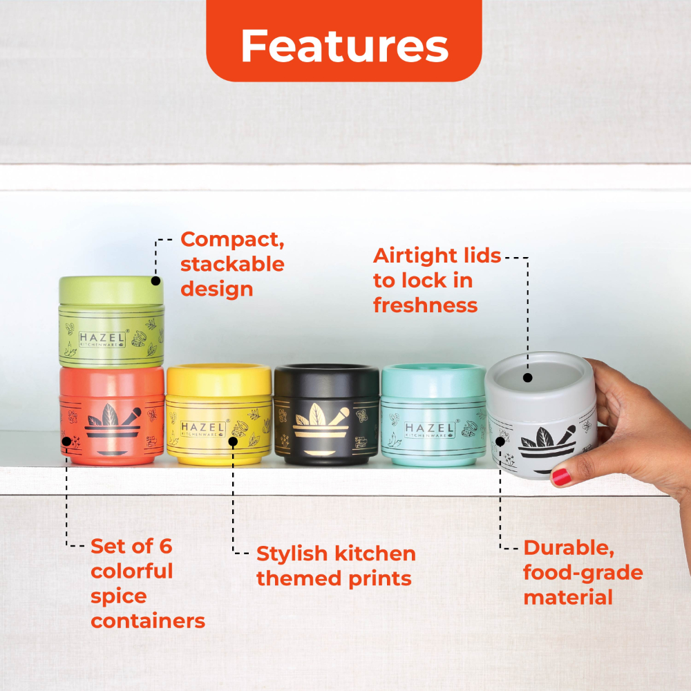 HAZEL Masala Container Set with Spoon | Airtight GI Steel Spice Box for Kitchen Storage, Yellow