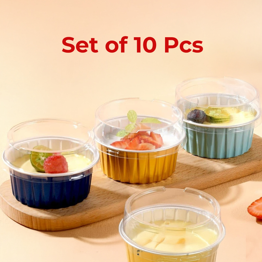 HAZEL 110ml Round Aluminium Foil Container for Cake, Muffin, Pudding | Oven Safe Disposable Dabba (Set of 10)