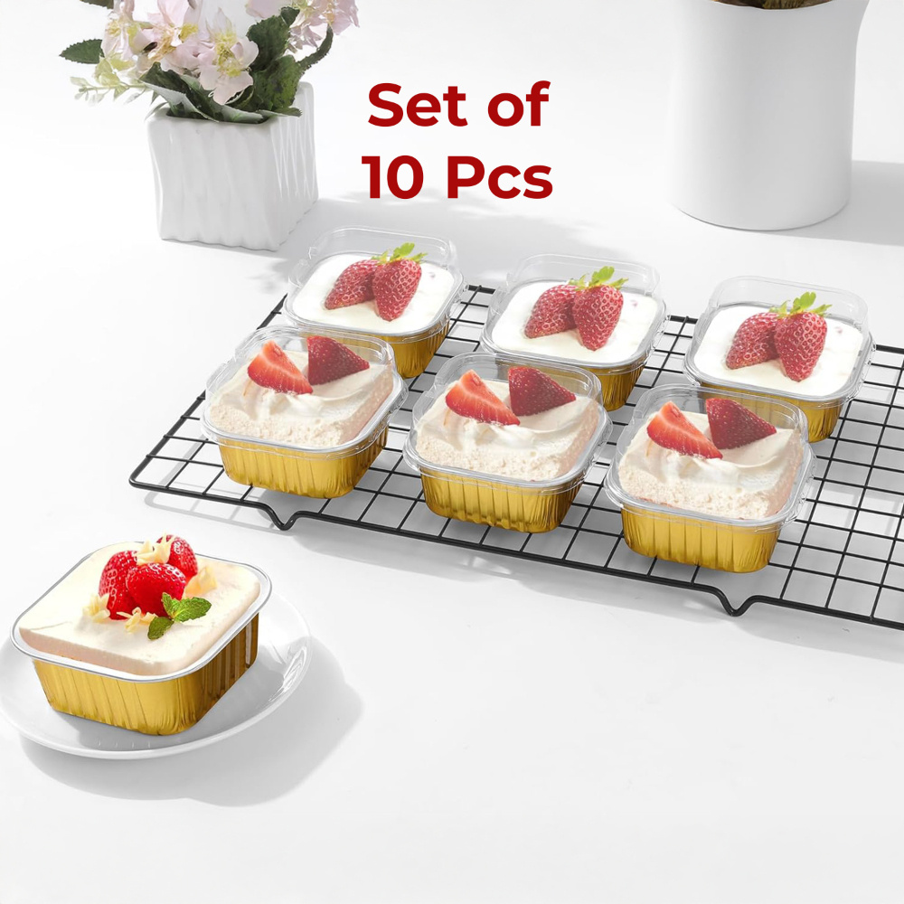 HAZEL 200ml Square Aluminium Foil Container for Cake, Brownie, Snacks | Oven Safe Disposable Dabba (Set of 10)