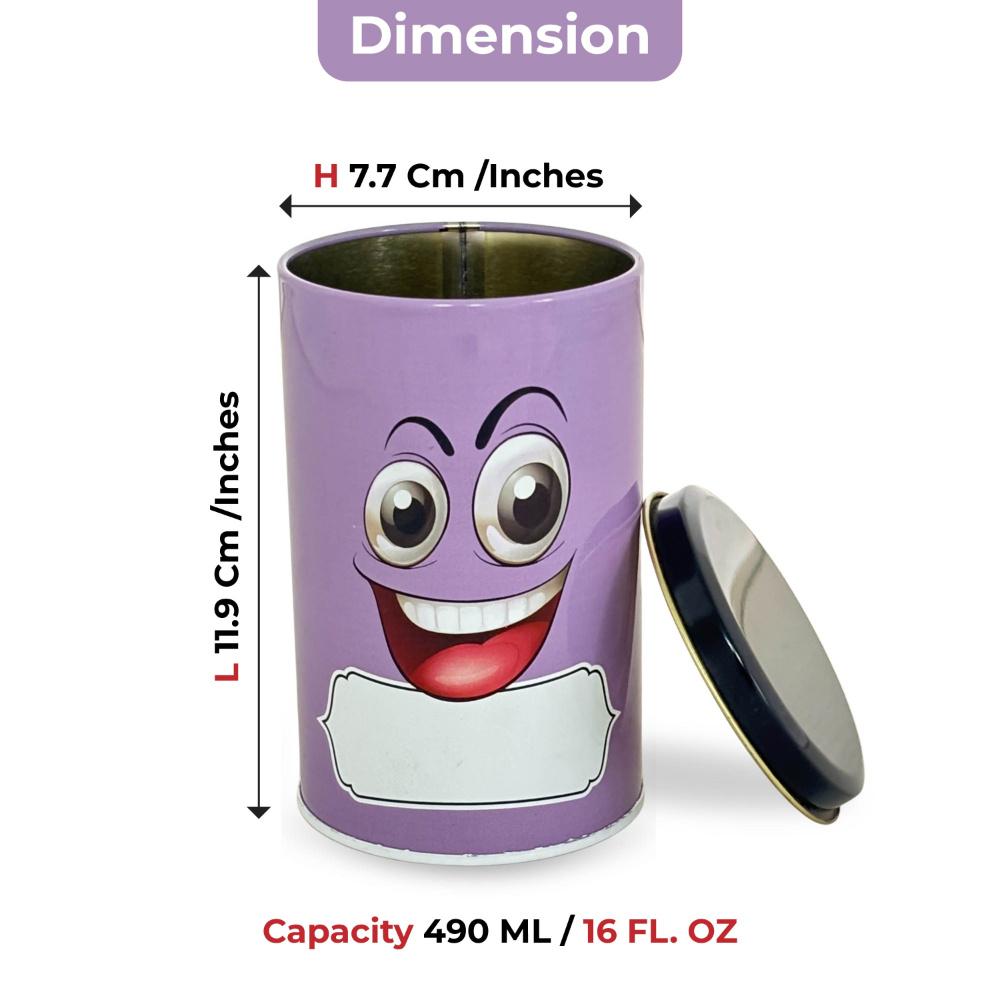HAZEL Emoji Printed Tin Containers Purple – Colorful Airtight Storage Jars for Gifting & Snacks, 490 ML