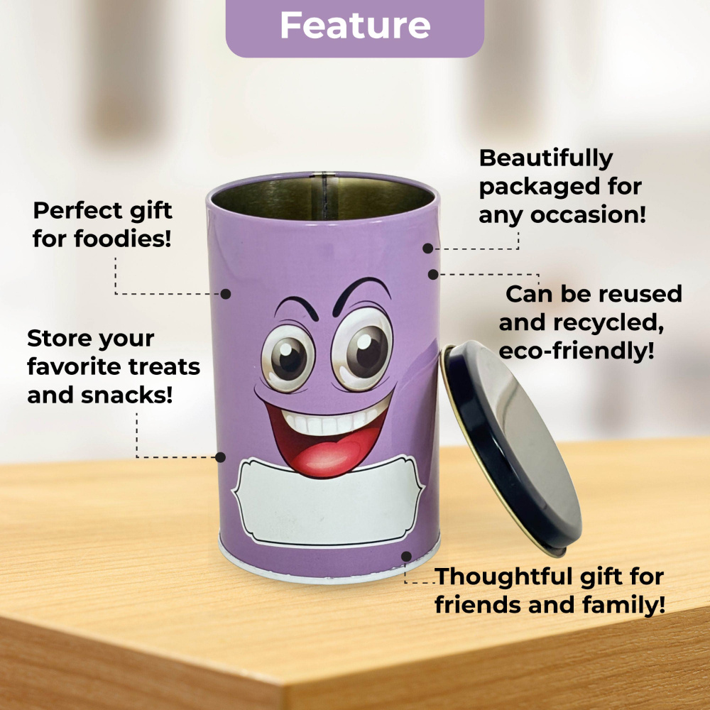 HAZEL Emoji Printed Tin Containers Purple – Colorful Airtight Storage Jars for Gifting & Snacks, 490 ML
