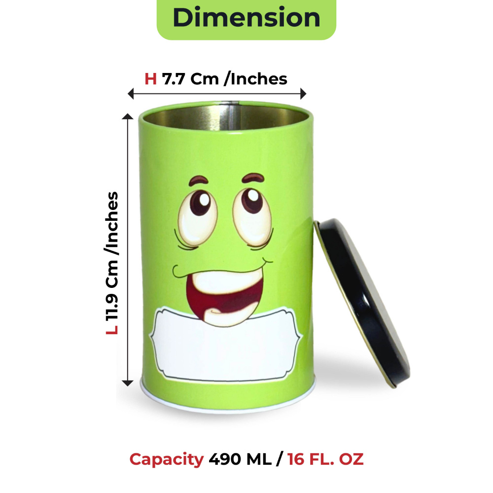 HAZEL Emoji Printed Tin Containers Green – Colorful Airtight Storage Jars for Gifting & Snacks, 490 ML