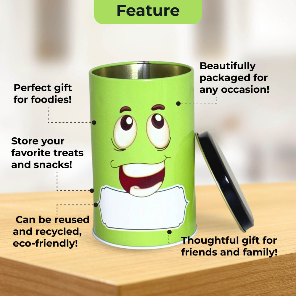 HAZEL Emoji Printed Tin Containers Green – Colorful Airtight Storage Jars for Gifting & Snacks, 490 ML