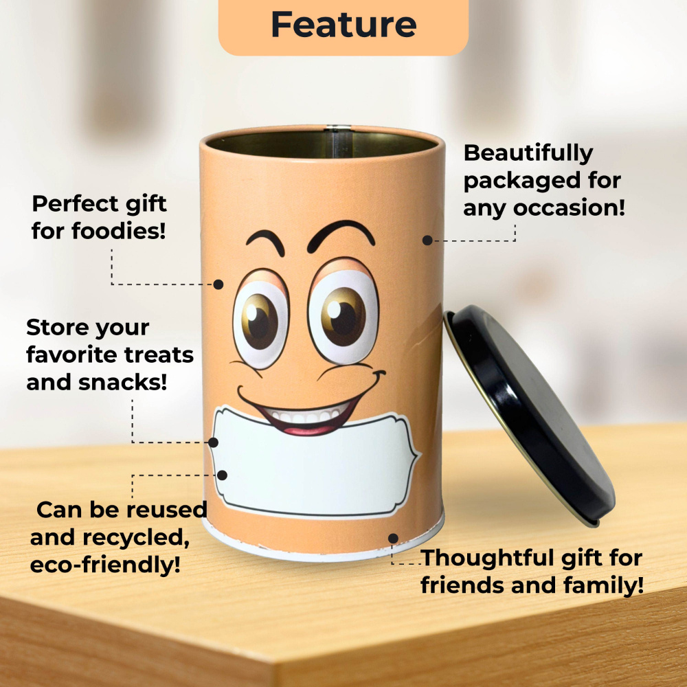 HAZEL Emoji Printed Tin Containers Orange – Colorful Airtight Storage Jars for Gifting & Snacks, 490 ML