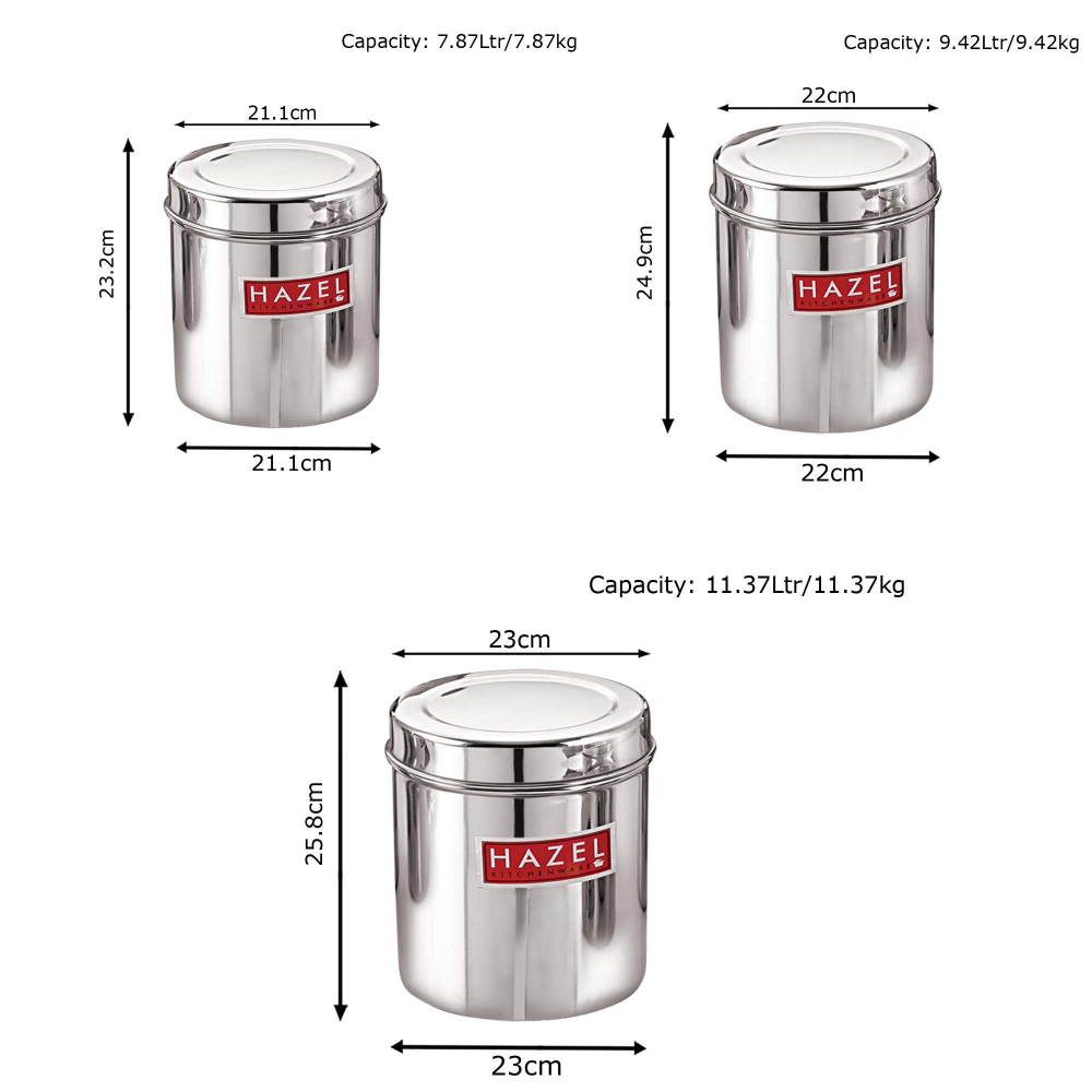 HAZEL Stainless Steel Grocery Storage Container Set of 6 Pc, 7.6 to 16.8 Ltr, Silver