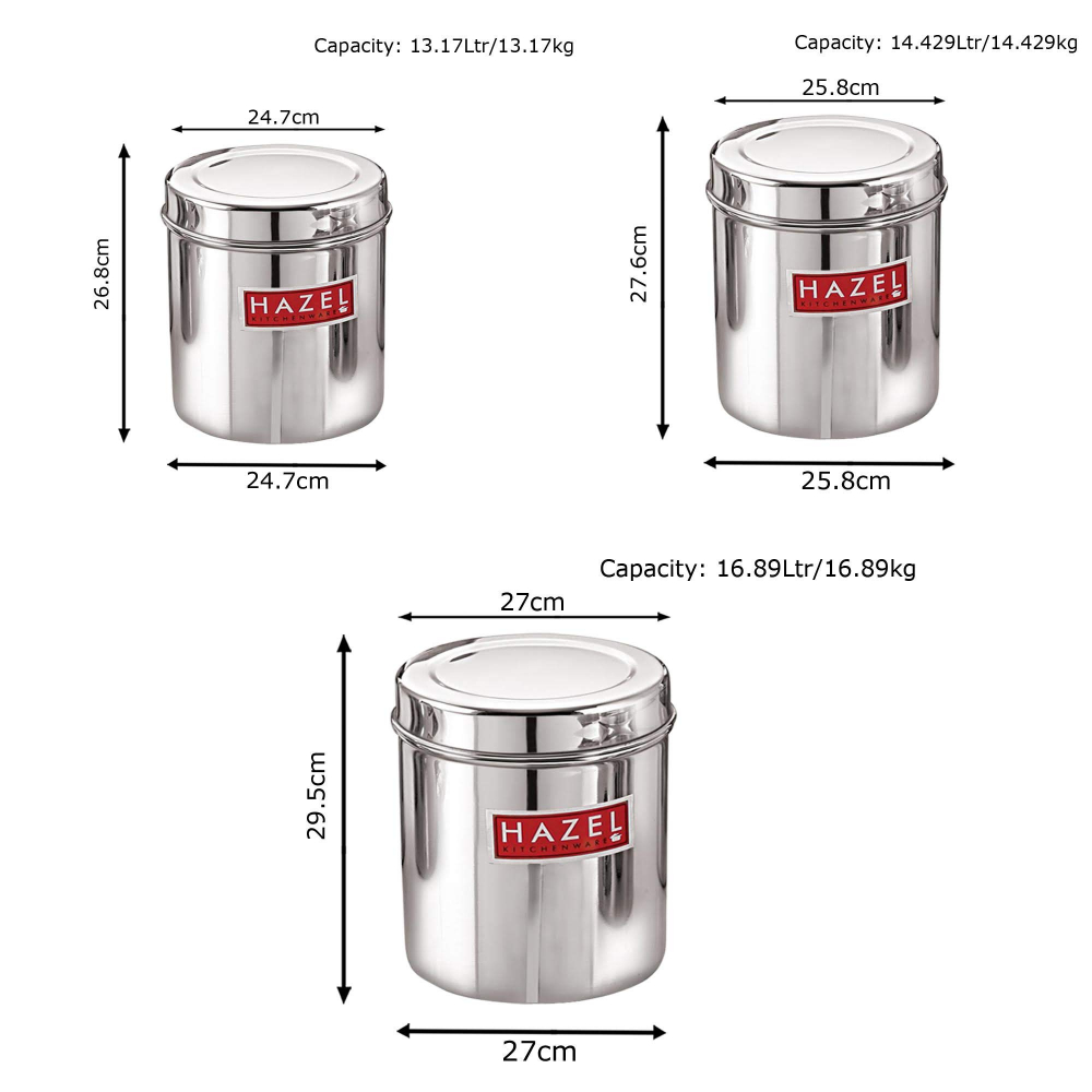 HAZEL Stainless Steel Grocery Storage Container Set of 6 Pc, 7.6 to 16.8 Ltr, Silver
