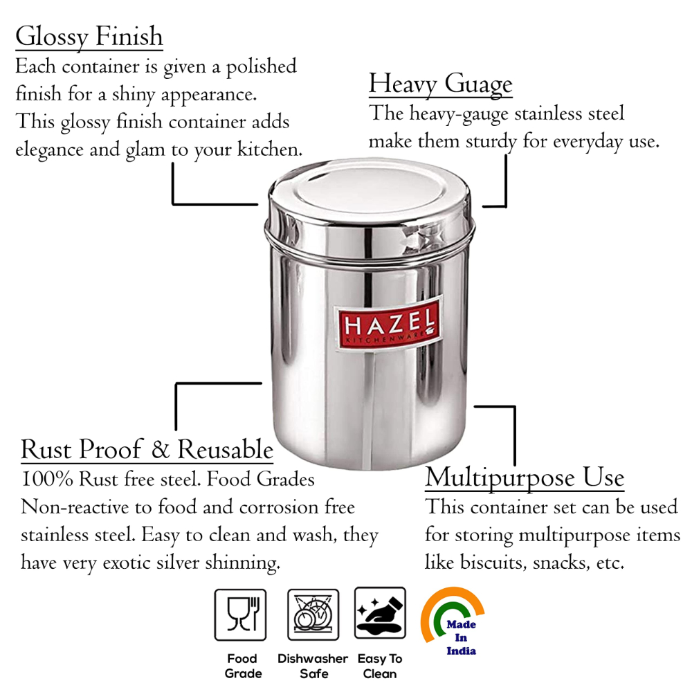 HAZEL Stainless Steel Grocery Storage Container Set of 6 Pc, 7.6 to 16.8 Ltr, Silver