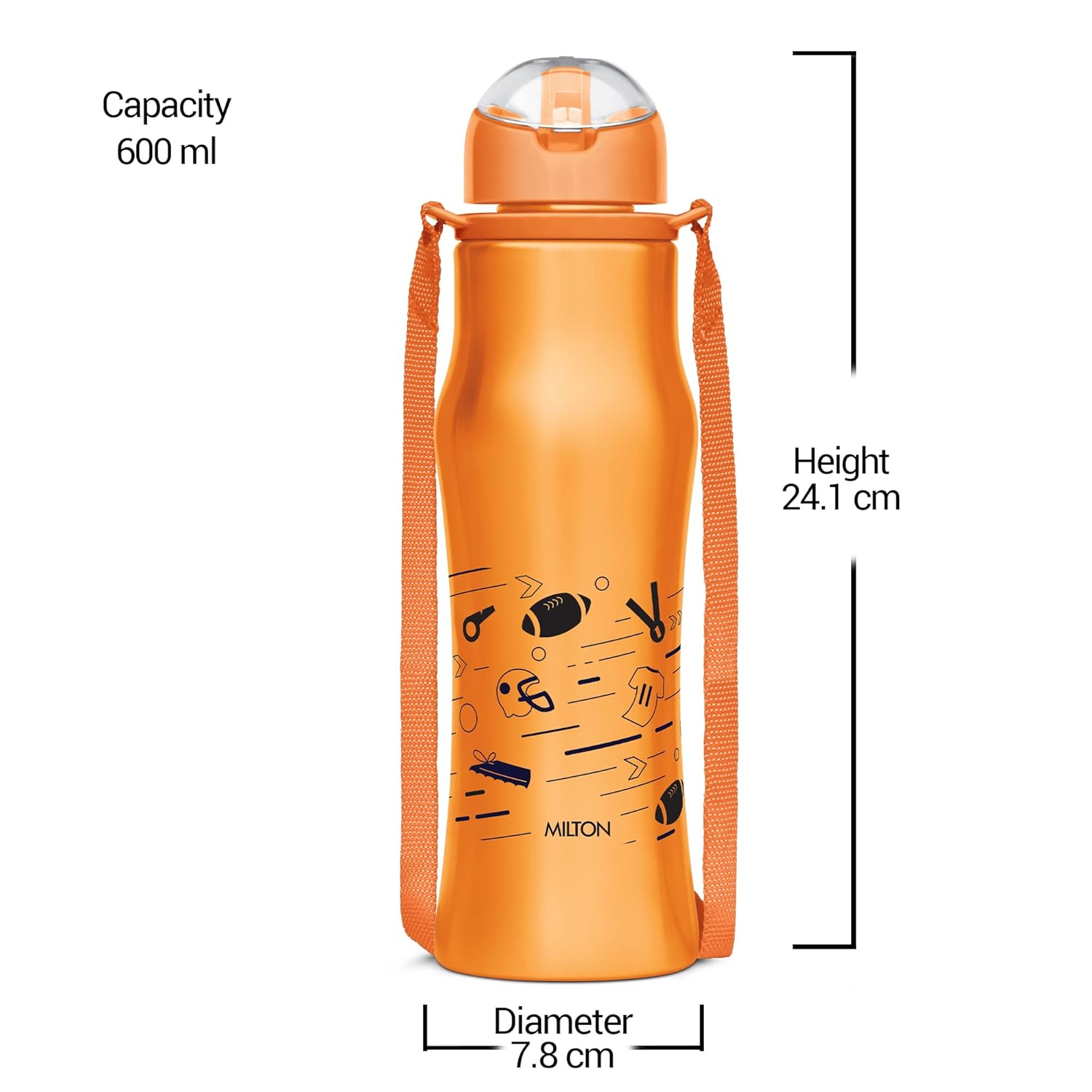 Milton Gaiety 650 Stainless Steel Sipper Water Bottle 600 ml, Single Walled, ISI Certified I Leak Proof Lid, Rust Proof I For School, Office, Gym I Orange