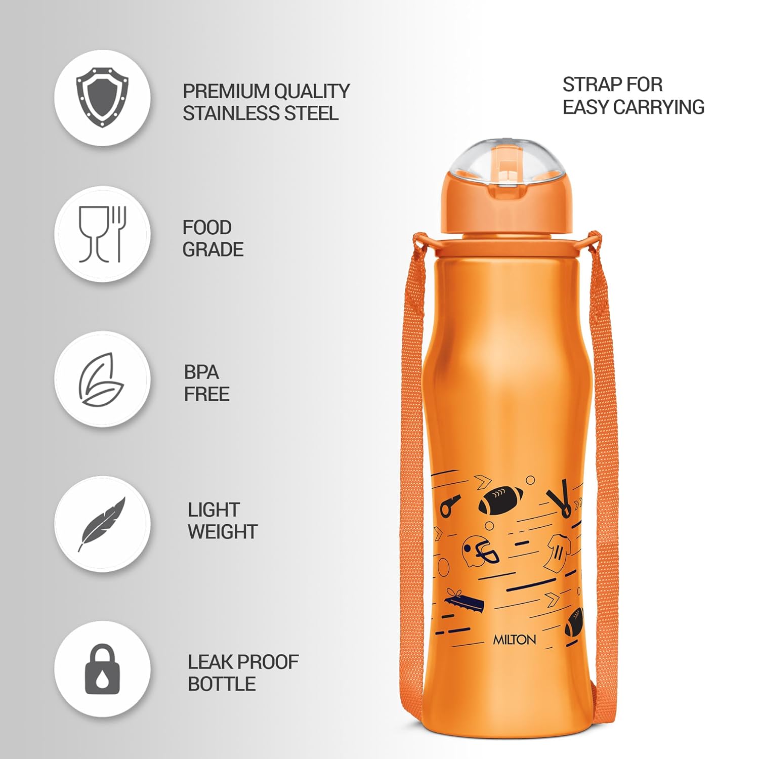 Milton Gaiety 650 Stainless Steel Sipper Water Bottle 600 ml, Single Walled, ISI Certified I Leak Proof Lid, Rust Proof I For School, Office, Gym I Orange