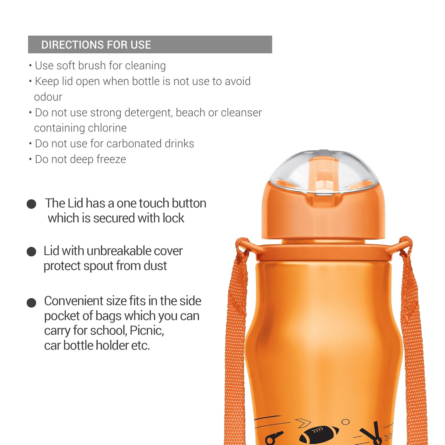 Milton Gaiety 650 Stainless Steel Sipper Water Bottle 600 ml, Single Walled, ISI Certified I Leak Proof Lid, Rust Proof I For School, Office, Gym I Orange