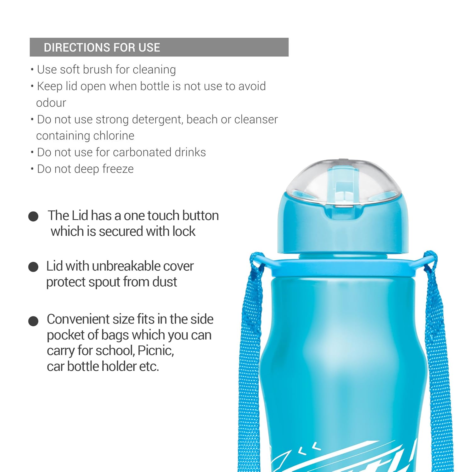 Milton Gaiety 650 Stainless Steel Sipper Water Bottle 600 ml, Single Walled, ISI Certified I Leak Proof Lid, Rust Proof I For School, Office, Gym I Blue