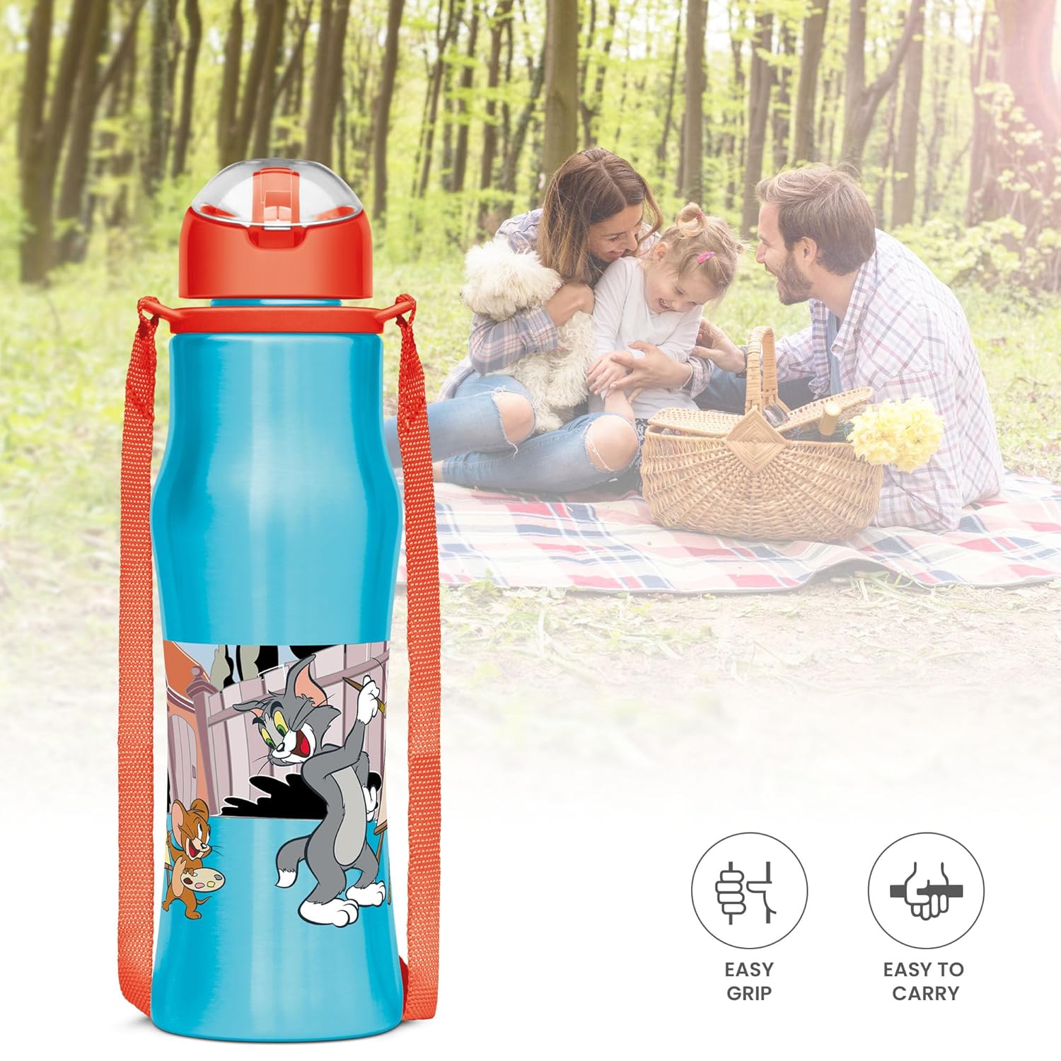 Milton Sipmate 650 Stainless Steel Sipper Water Bottle 600 ml, Single Walled, ISI Certified I Leak Proof Lid, Rust Proof I For School, Office, Gym I Blue (Tom & Jerry)